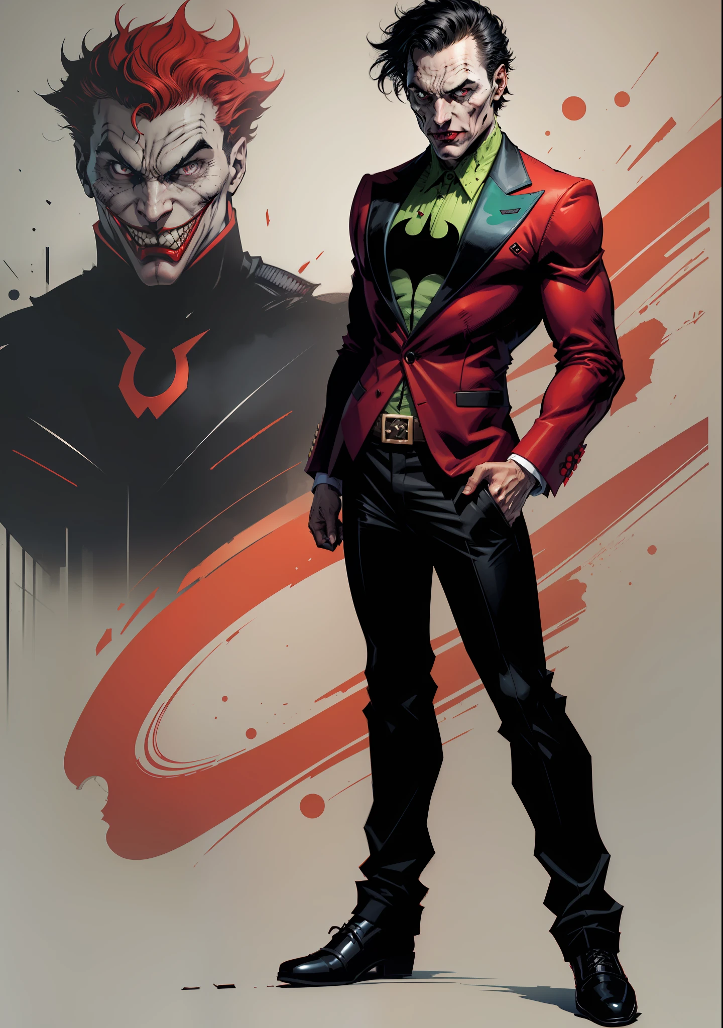 a man, black hair, pale face, red suit, black pants, social shoes, black eyes and pupils, red hat, one side of his mouth is completely torn showing his scary gums, super Villain, inspired by the joker, full body, reference sheet, T pose, white background
