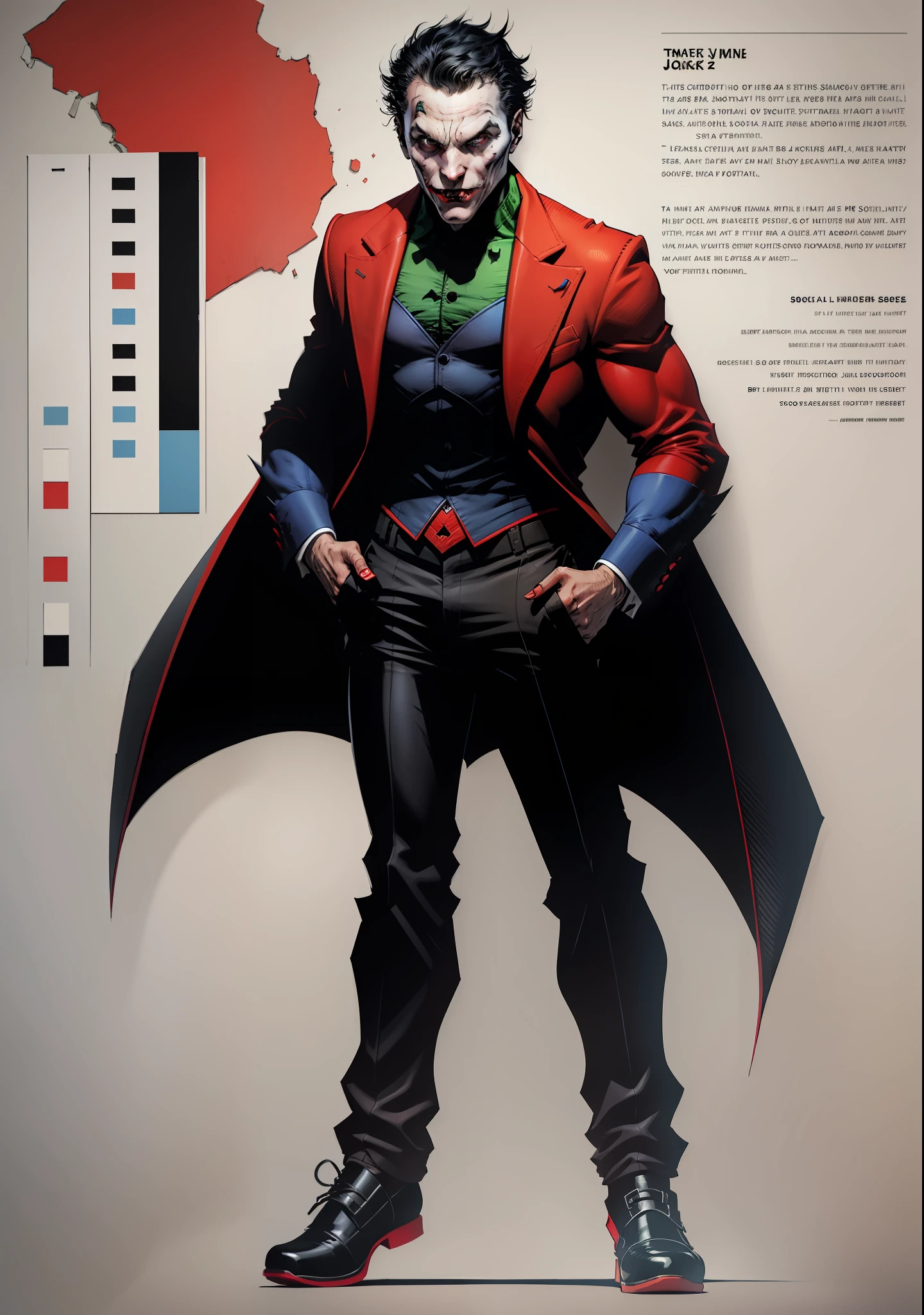 a man, black hair, pale face, red suit, black pants, social shoes, black eyes and pupils, red hat, one side of his mouth is completely torn showing his scary gums, super Villain, inspired by the joker, full body, reference sheet, T pose, white background