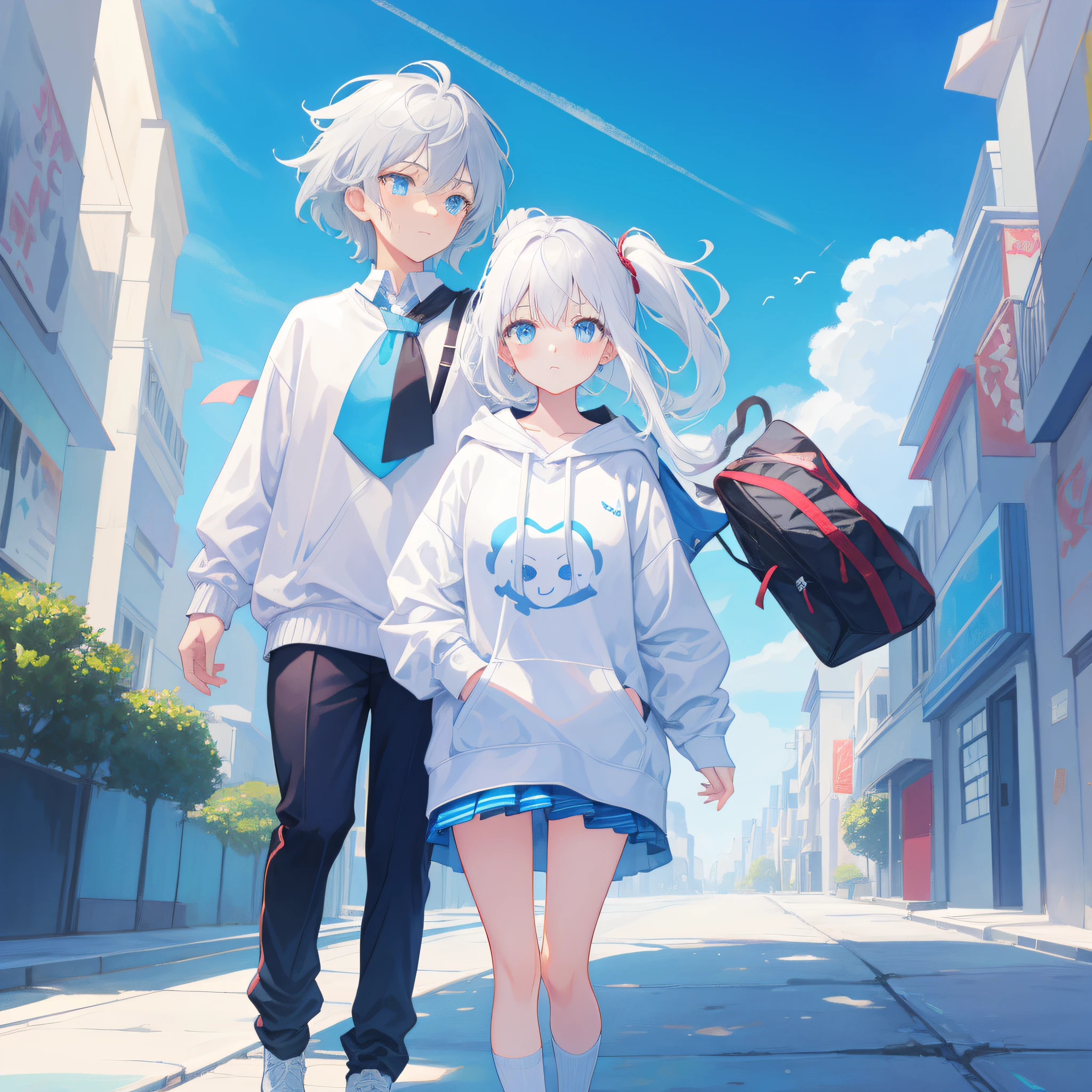 Anime characters with white hair and blue eyes, anime visual of a cute girl, Anime moe art style,Girl with short white hair, Shoujo white hair young anime girl, official character art,sweatshirts,teens girl,Gray hair sky blue gradient,red hairband,huge tit,apathy,Short ponytail hair,Bend over and tie your shoelaces,White high-top flats,Beth