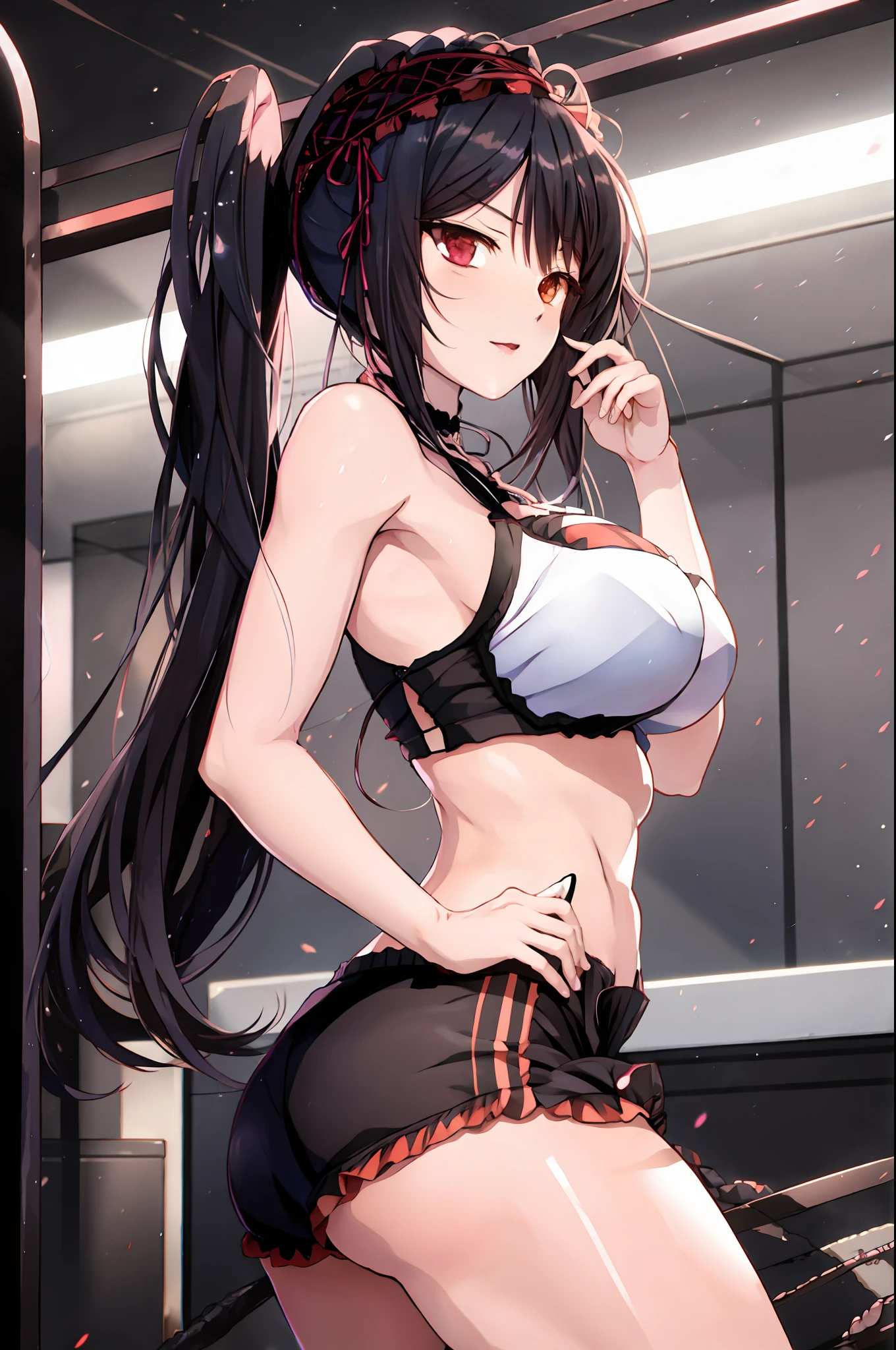 anime girl in a black and white outfit posing in a gym, seductive anime girl, attractive anime girl, biomechanical oppai, anime moe artstyle, anime girl, (anime girl), anime waifu, female anime character, an anime girl, anime girls, beautiful anime girl squatting, female action anime girl, beautiful alluring anime woman, oppai cyberpunk, tokisaki kurumi fan art