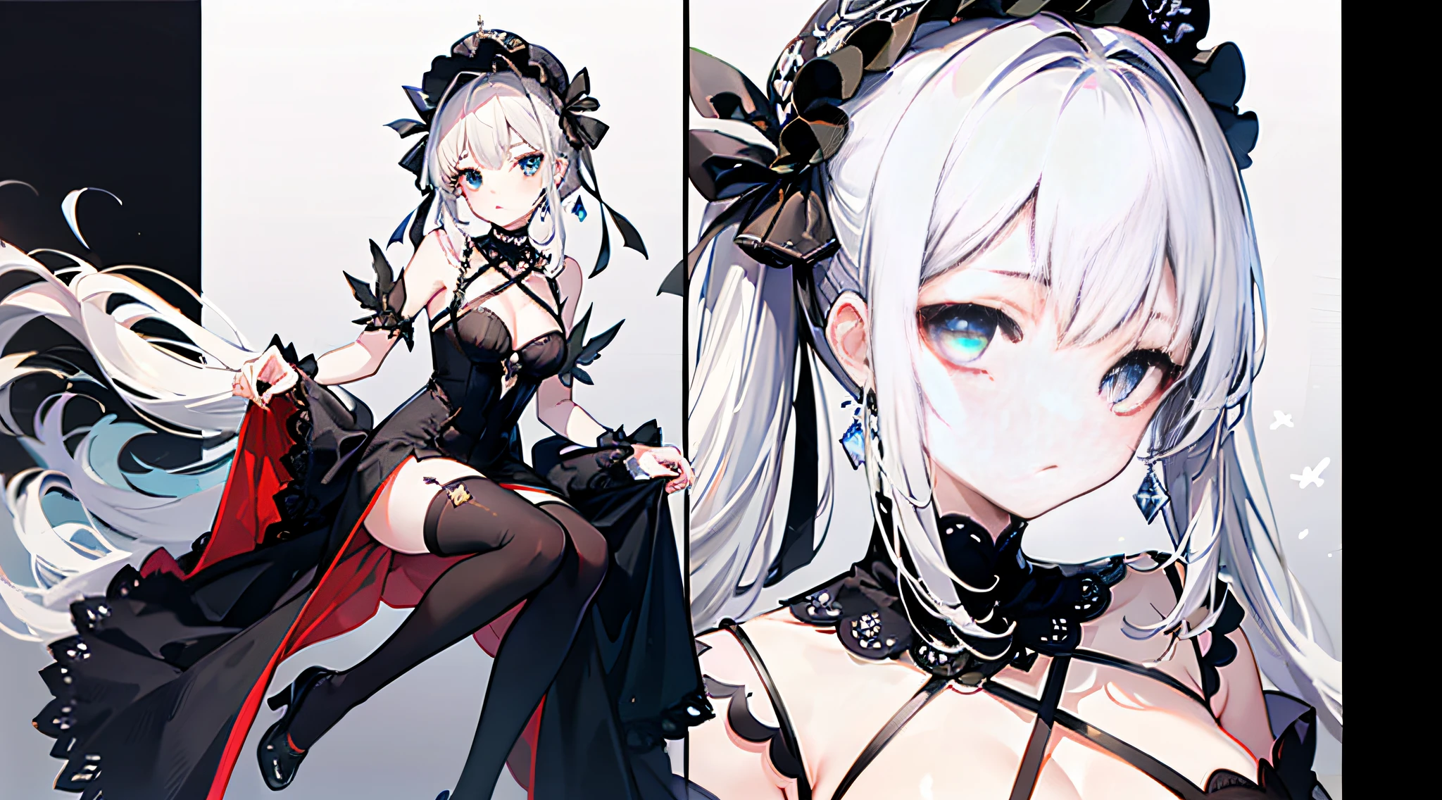 Beautiful cute girl，Lolita long dress，blacksilk，Black over-the-knee stockings，Double ponytail hairstyle，White color hair，Seductive expression，Seductive eyes，Masterpiece，Lots of detail，super high image quality，full-body portraits