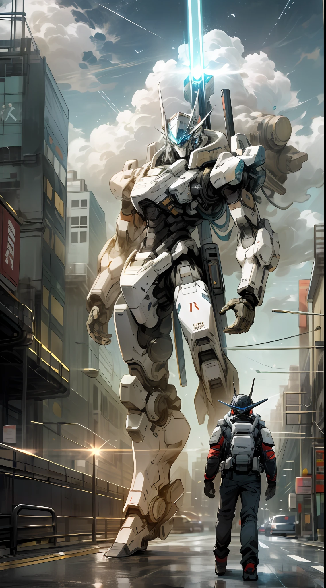 One wears a mecha uniform，Man with lightsaber，which stands on the street，Turn your back to the picture，Behind is a full-body mech that is 40 times larger than a human，Totally standing at the end of the street，Own the sky，Clouds and spaceships，A city rich in science fiction