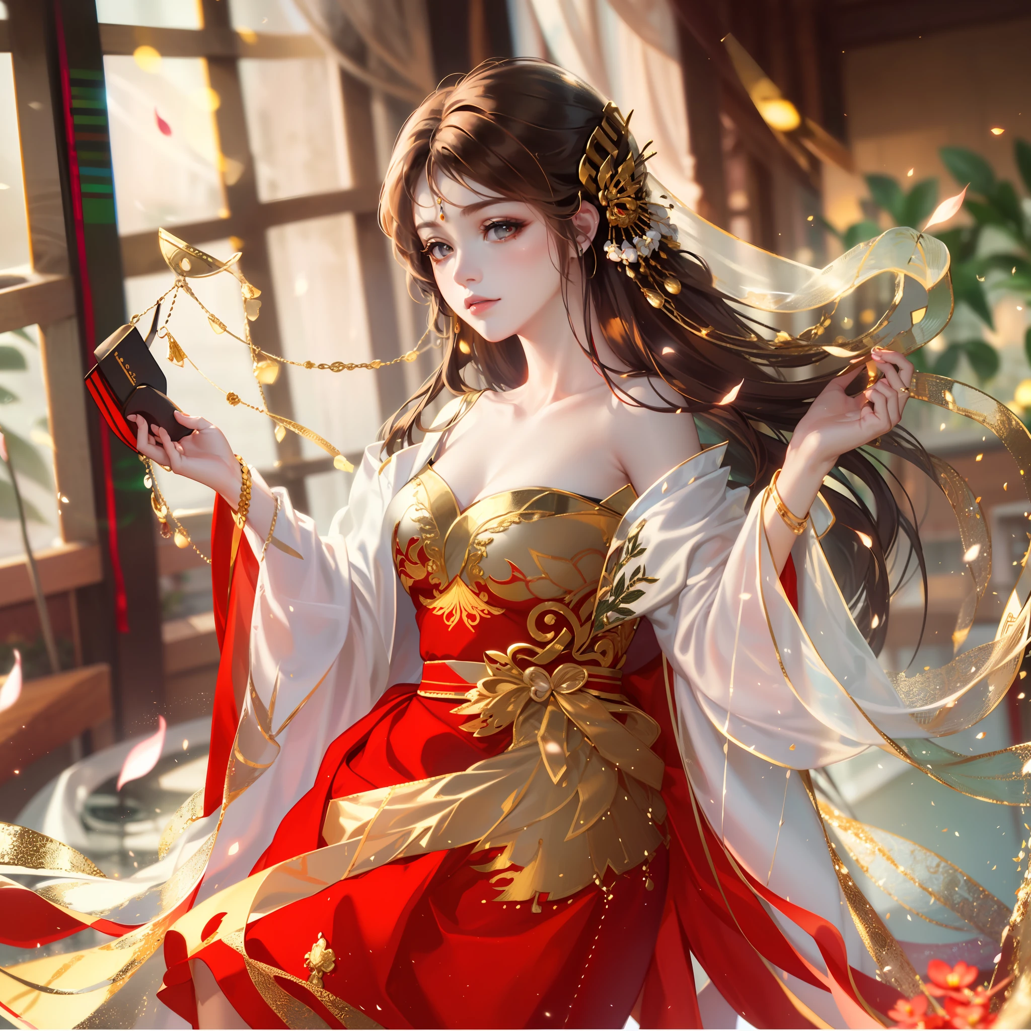 best quality, masterpiece, highres, (exquisite body:1.5),gorgeous face,(milky skin:1.3),intricate details,high resolution,wallpaper,
1girl, solo, dress, hair ornament, (((gold and red dress))), flowers, long hair, brown hair, closed mouth, jewelry, long sleeves, hand up, wide sleeves, big eyes,floating hair, chinese clothes, hanfu, embroidery, long skirt, natural pose, falling petals, indoor,fanning, lantern,
16K,HDR,highres,depth field,(film grain:1.1),boken,golden hour,(lens flare),vignette,rainbowing,(color grading:1.5)