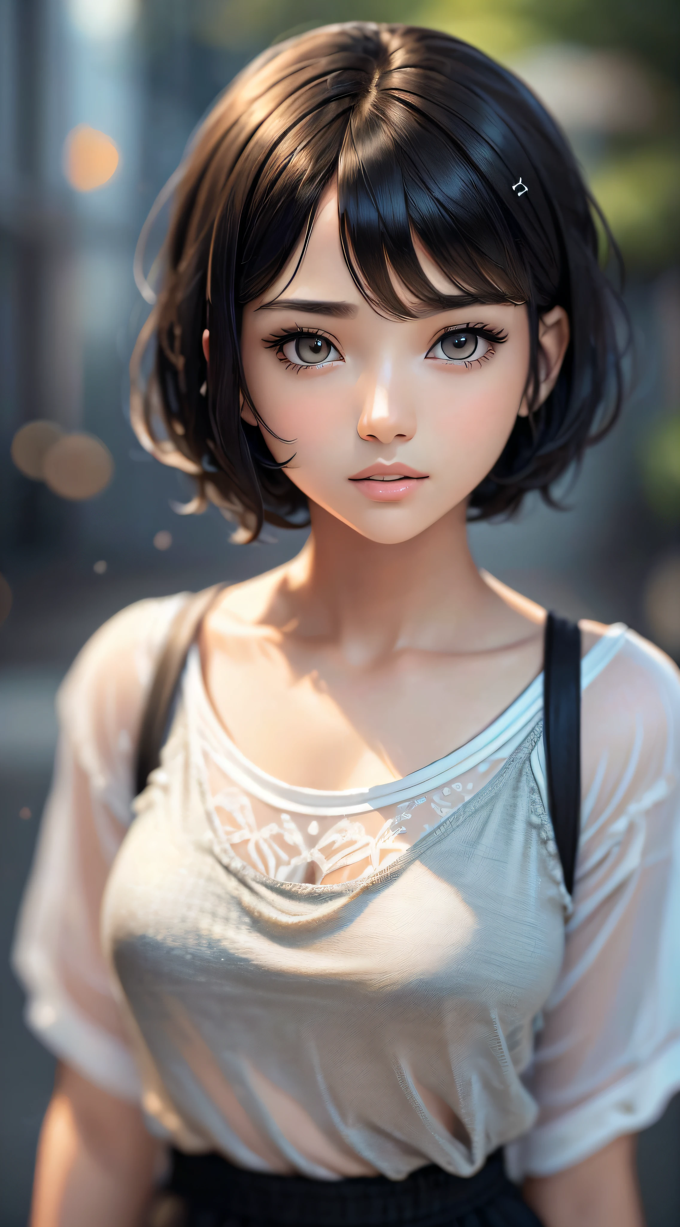 (Masterpiece), (high quality), (ultra detailed), (short hair), (illustration), (1girl), (casual clothes), standing, model, looking at the viewer, (photo essay), (blurred background), beautiful detailed eyes, beautiful and delicate face, black skin, floating, (low saturation), (bright), focus on facial expression, black hair, side bangs, --auto --s2