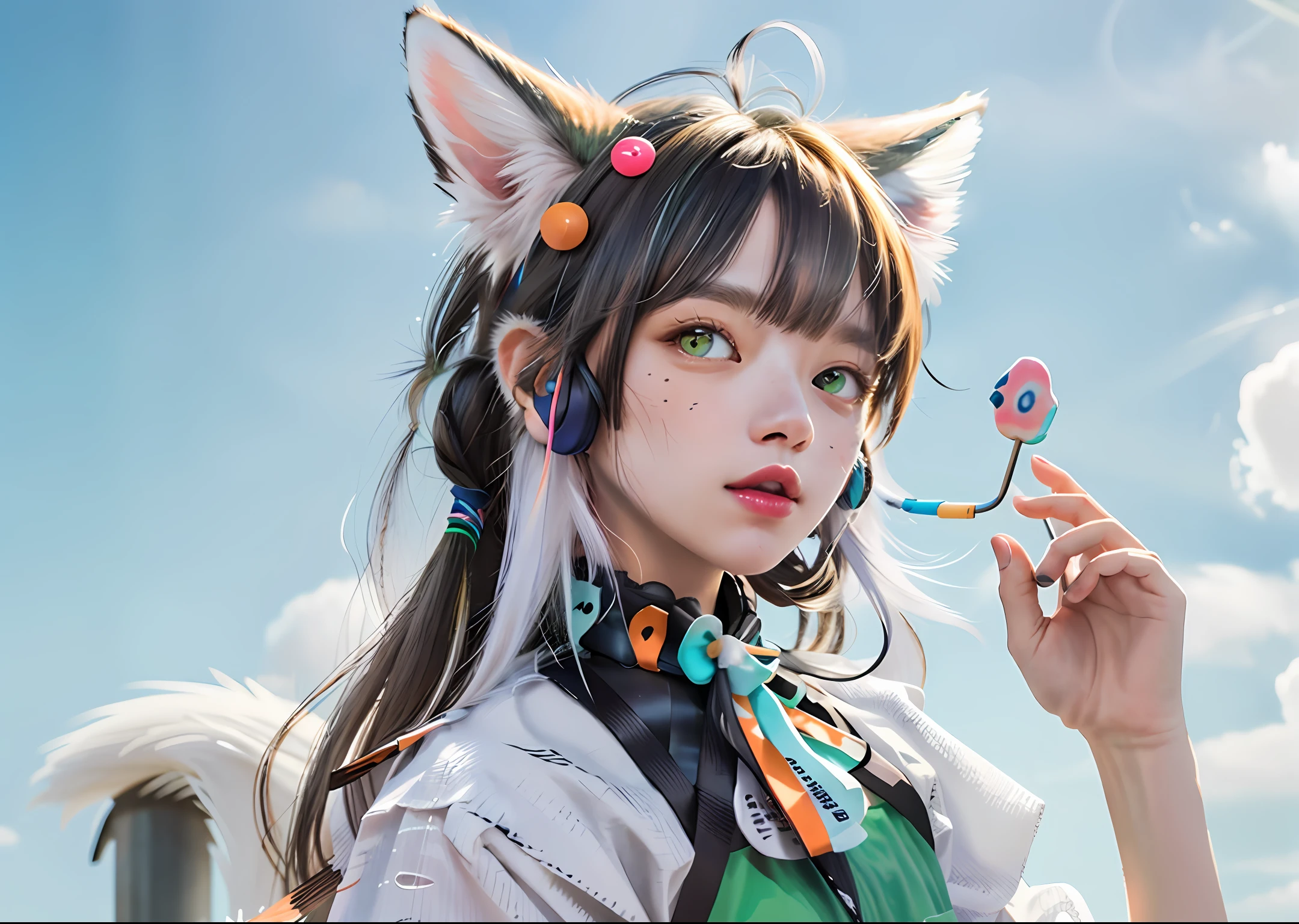 furry,Male tricolor cat,solo person,Orange-white and black-colored fur,Light green clothes,Heterochromatic pupil,felid,With a lollipop,Green headphones are worn around the neck,