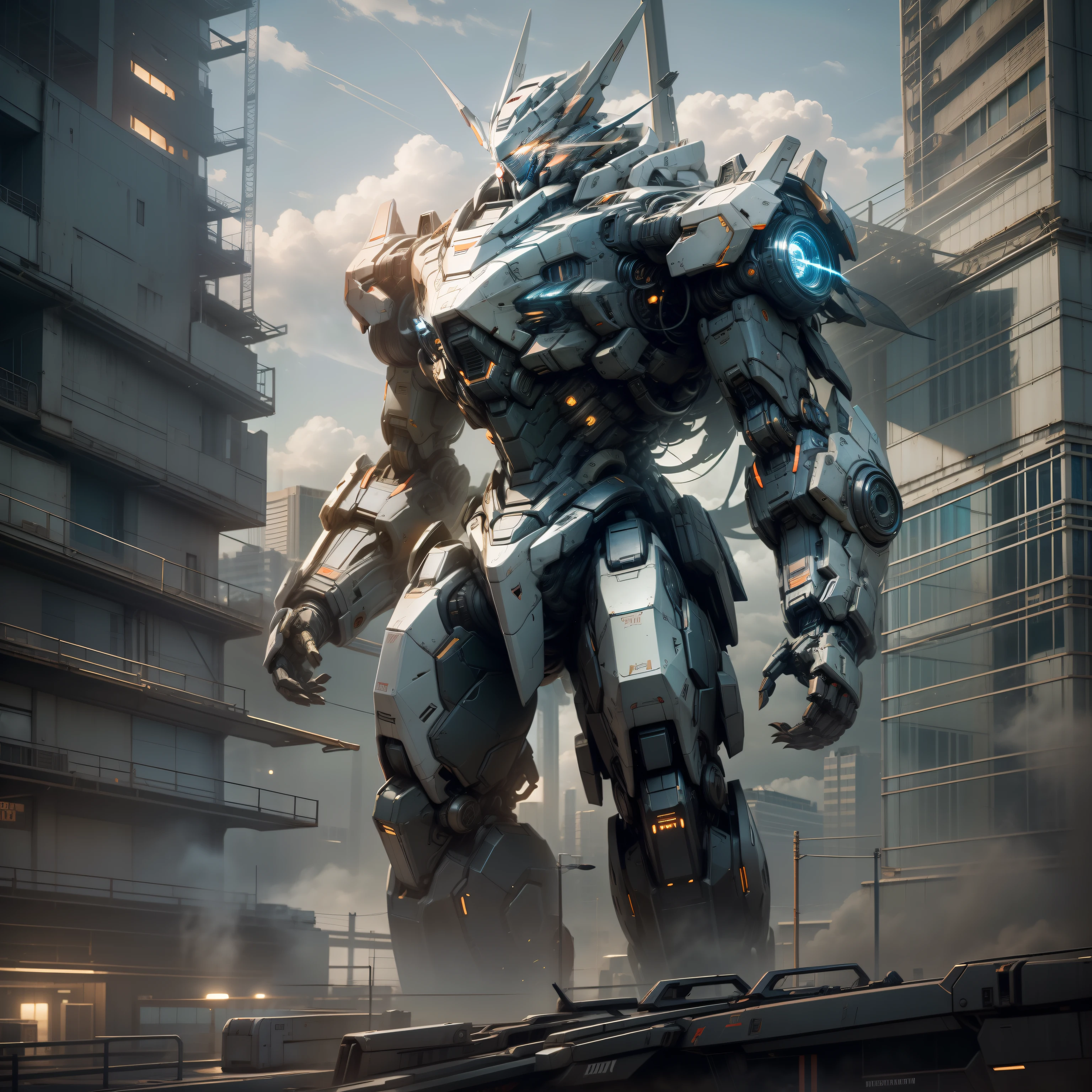 Up, shaded, futurism, Cinematic lighting, Atmospheric perspective, Wide-angle, Masterpiece,Look up,giant mecha,standing on your feet