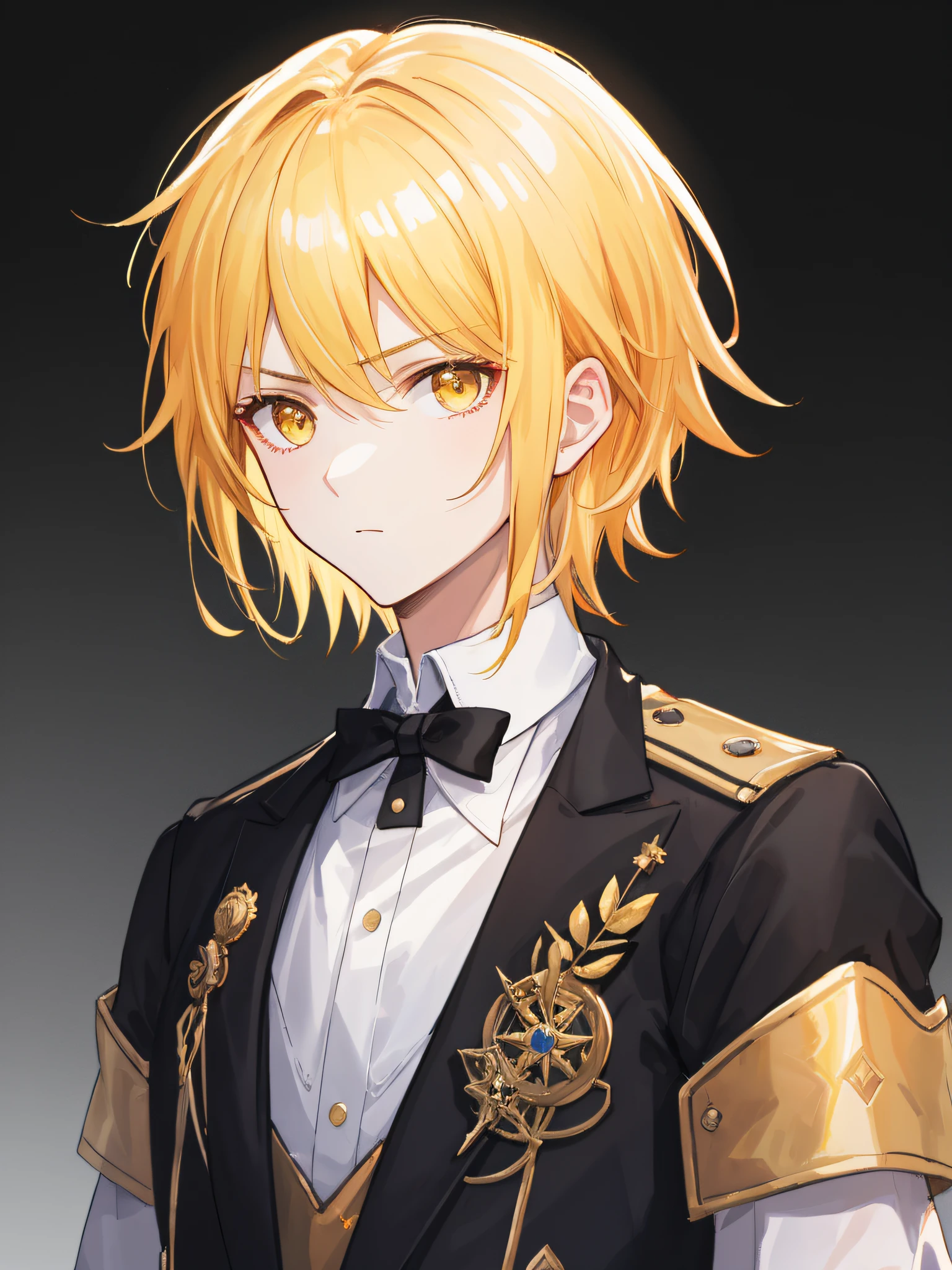 Masterpiece,Best quality,offcial art,Extremely detailed Cg Unity 8K wallpaper,Huge_filesize,(Simple_Background:1.1),Looks to the side,close to viewer,Serious face,Blonde hair,Yellow eyes,Very short hair,prince,(Young man:1.2)