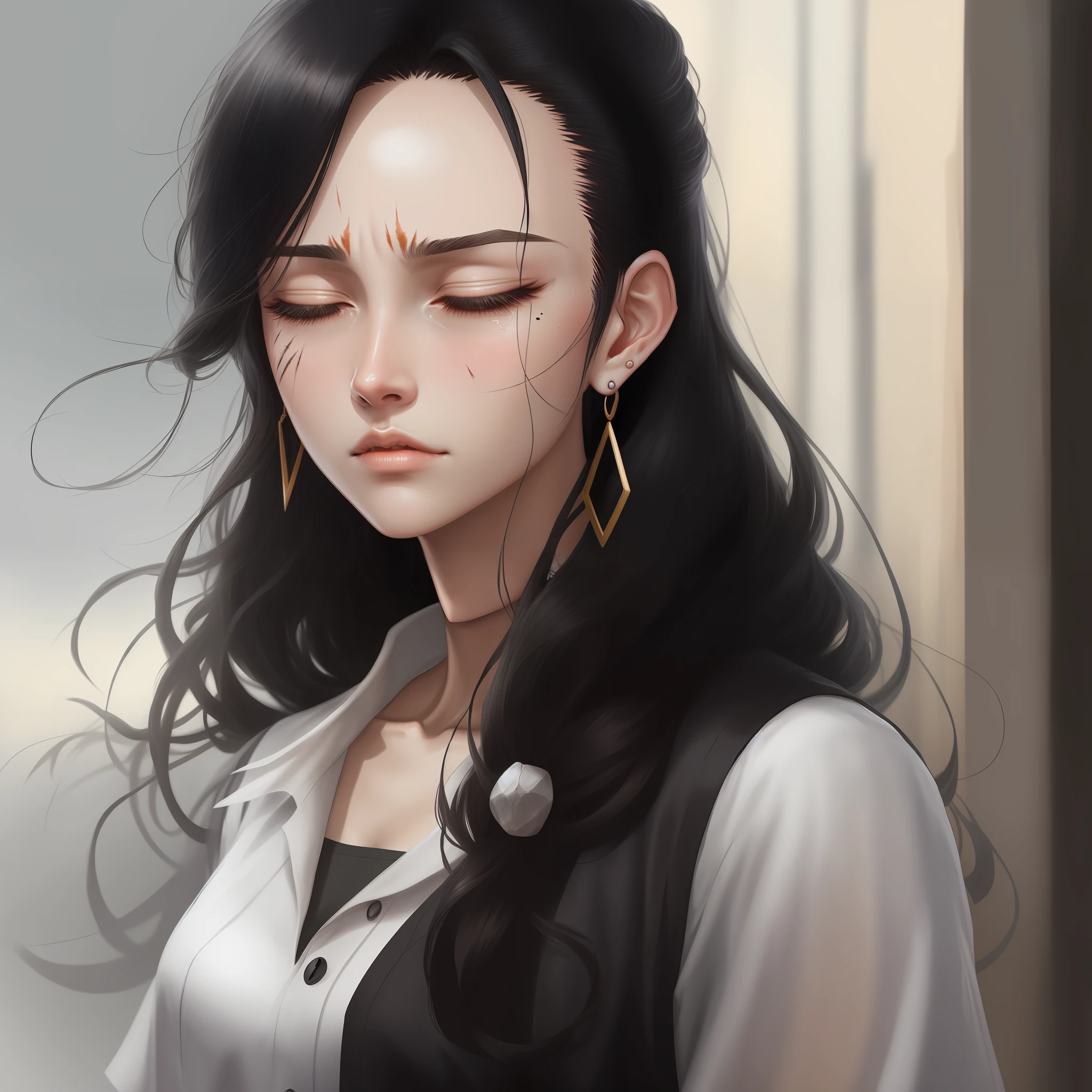 black hair, asymmetrical hair, long hair, hair strand, forehead mark, scar on cheek, mole under eye, closed eyes, tears, earrings, anime, high detail, super detail, 16k, best quality, best quality, best quality, high details