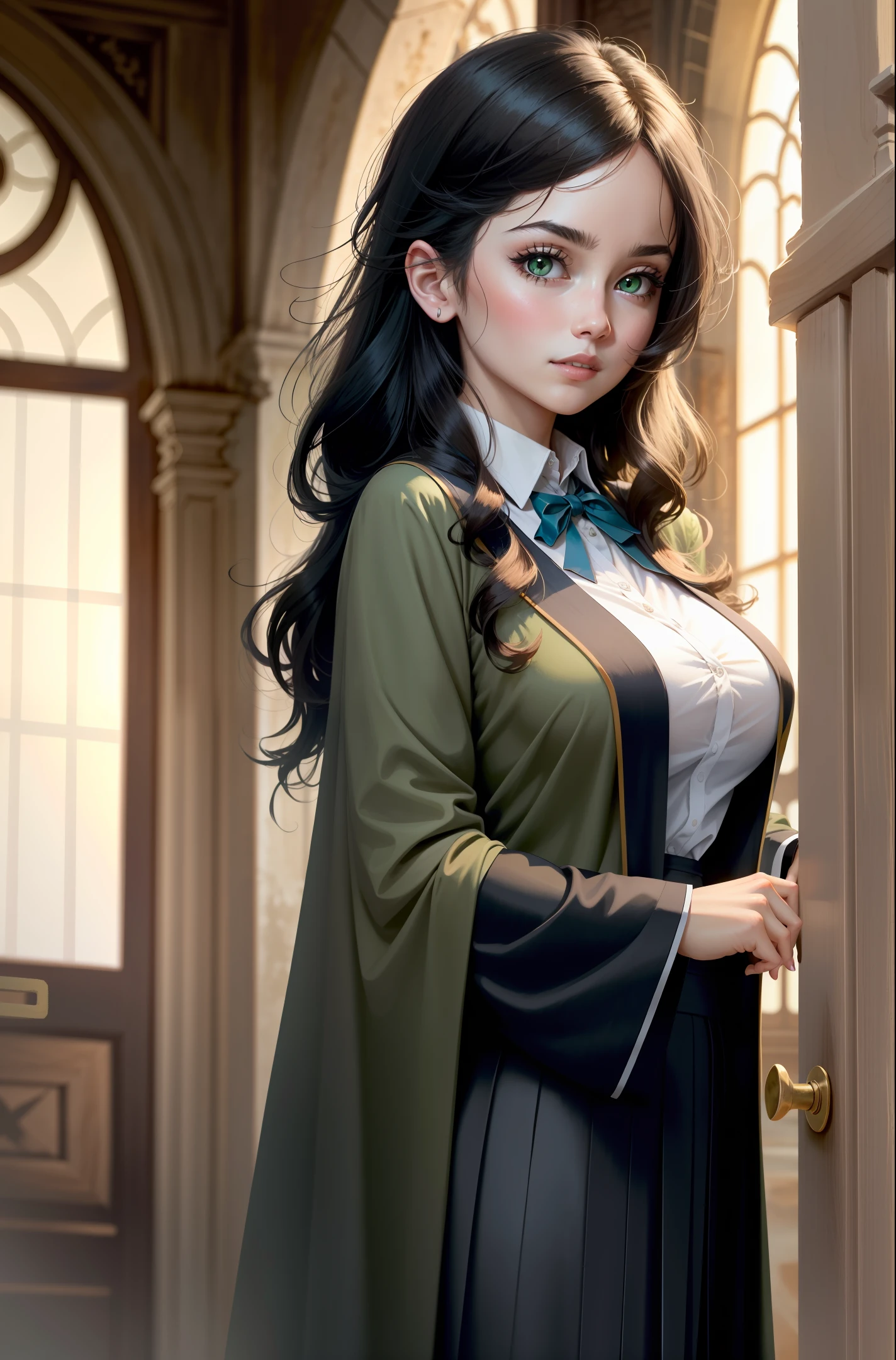 Ravenclaw,Harry potter,schoolgirls,Black medium long hair,Green eyes,anime big breast,Hogwarts,Magic robes