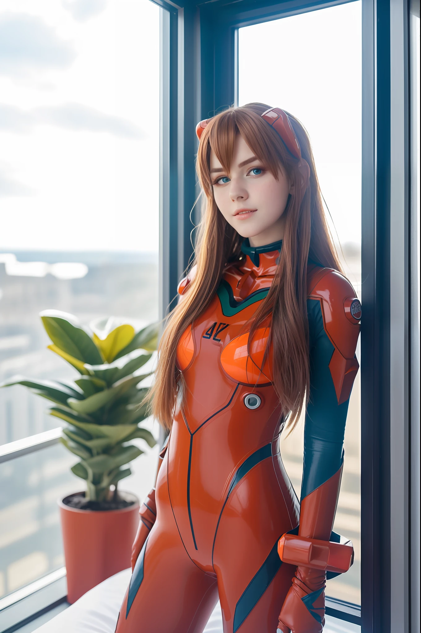 4K, 8K, (Masterpiece, best quality:1.2), blue eyes, perfect face, cosplay, professional photo, photo, photorealism, modelshoot style, portrait of shirogane, red plugsuit, feminine, bedroom, bed, sheets, window, plants, upper body, face shot