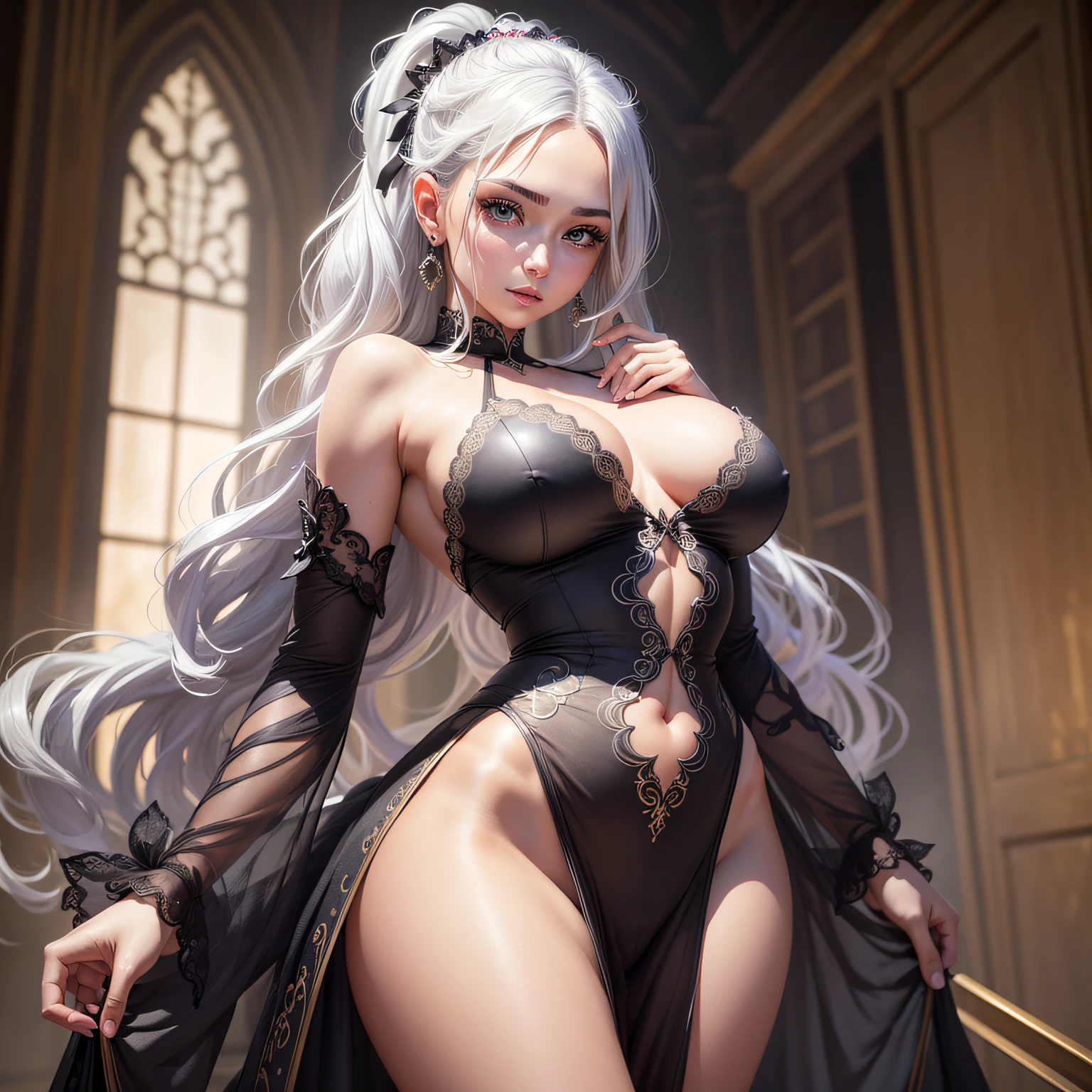 streaked hair, silver hair, ahoge, curly hair, cloud hair, hair ribbon, mole under eye, dilated pupils, gradient eyes, longeyelashes, earrings, light smile, seductive smile,with a good figure,Dress revealingly --auto
