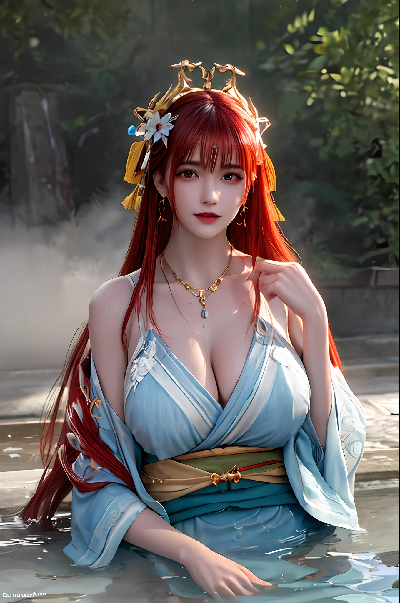 delicated best quality ,masterpiece, illustration, an extremely delicate and beautiful, extremely detailed ,CG ,unity ,8k wallpaper, Amazing, finely detail, masterpiece,best quality,official art,extremely detailed CG unity 8k wallpaper,absurdres, incredibly absurdres, huge filesize , ultra-detailed, highres, extremely detailed,beautiful detailed girl, extremely detailed eyes and face, beautiful detailed eyes,light on face,1girl, (Super realistic), (((red hair))), Long hair, (red eyes), ((jewelry)), (((describe the arm in detail))) (((Super boobs))), ((Big ass)), ((thighs)), ((Detailed description of the legs)), ((Plump body)), (Big breasts), ((Plump boobs)),, (detailed description of hair), (ruby necklace), (gem earrings),
((upper body)), (Bare shoulder), ((collarbone)), ((offshoulder)), (Shiny skin), (detailed description of face), (detailed description of body), (white and translucent skin), peerless beauty, (extreme beauty), (red lips), (shy ), ( smile), ((facing the viewer)), ((facing)), (((kimono))), ((Japanese hot spring)), the water surface is reflective, (any pose), (((soaked))), ((Soak your feet in the Water)), ((There is a lot of water on the body))