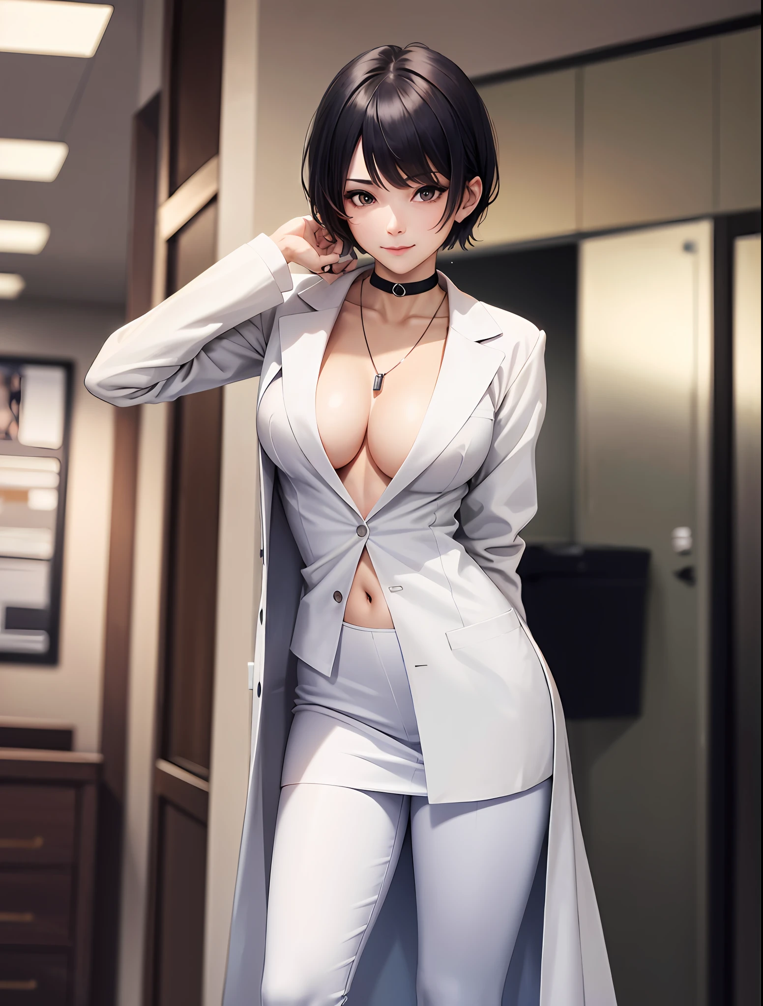 masterpiece, hot shot, ((best quality)), absurdres, perfect antomy, Tae Takemi, (Small smile), necklace, choker, dress, (Big breasts:1.3), braless, defined abdomen, labcoat, standing, doctor office background, sexy pose