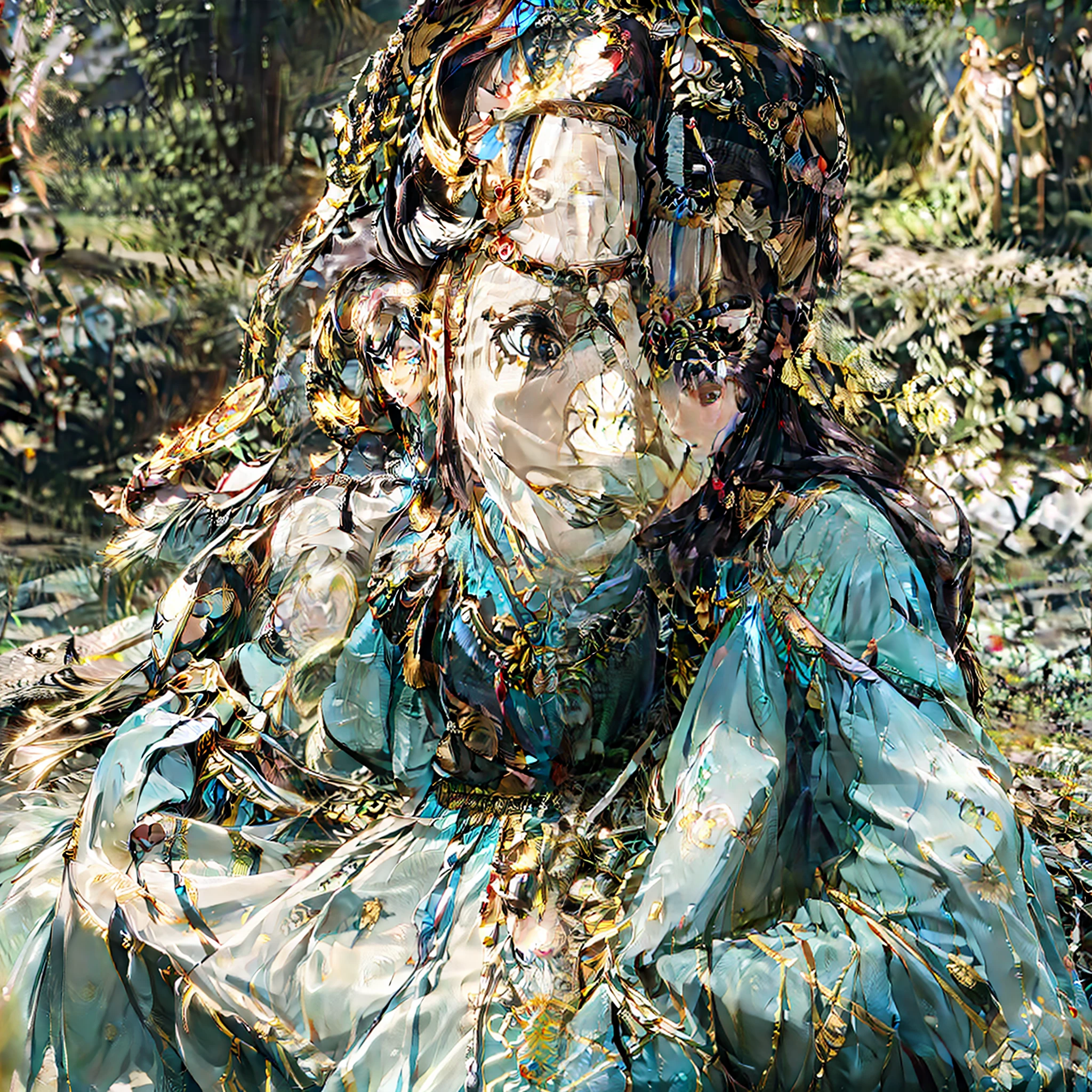 (tmasterpiece,Best quality at best,Beautiful quality,Photorealsitic,looking at viewert,Detailed lighting,Extremely detailed skin,Extremely detailed hair,Extremely detailed teeth,shadowing,8K:1.2),(photo of a man,1boys:1.2),God Long hair, black hair, golden god dress, above mortals, golden eyes, divine light behind it, with Western-style papal style