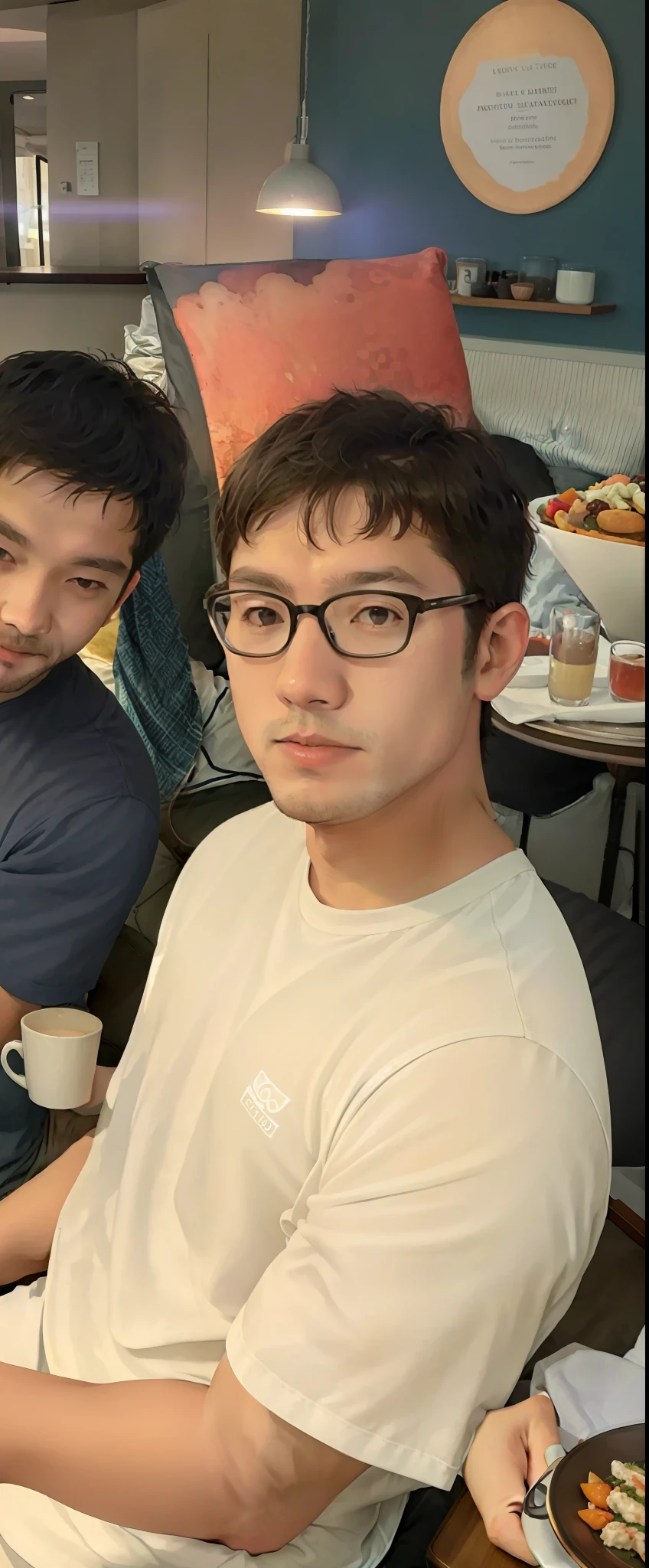 There were two men sitting at a table,Carrying a plate of food,