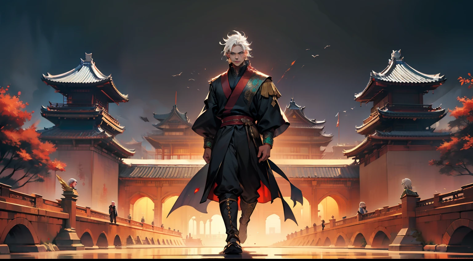 27. (The boy, dressed in black clothes and white hair, looks at the others with scorn) (Background: A magnificent ancient imperial palace, resplendent with gold and jade).