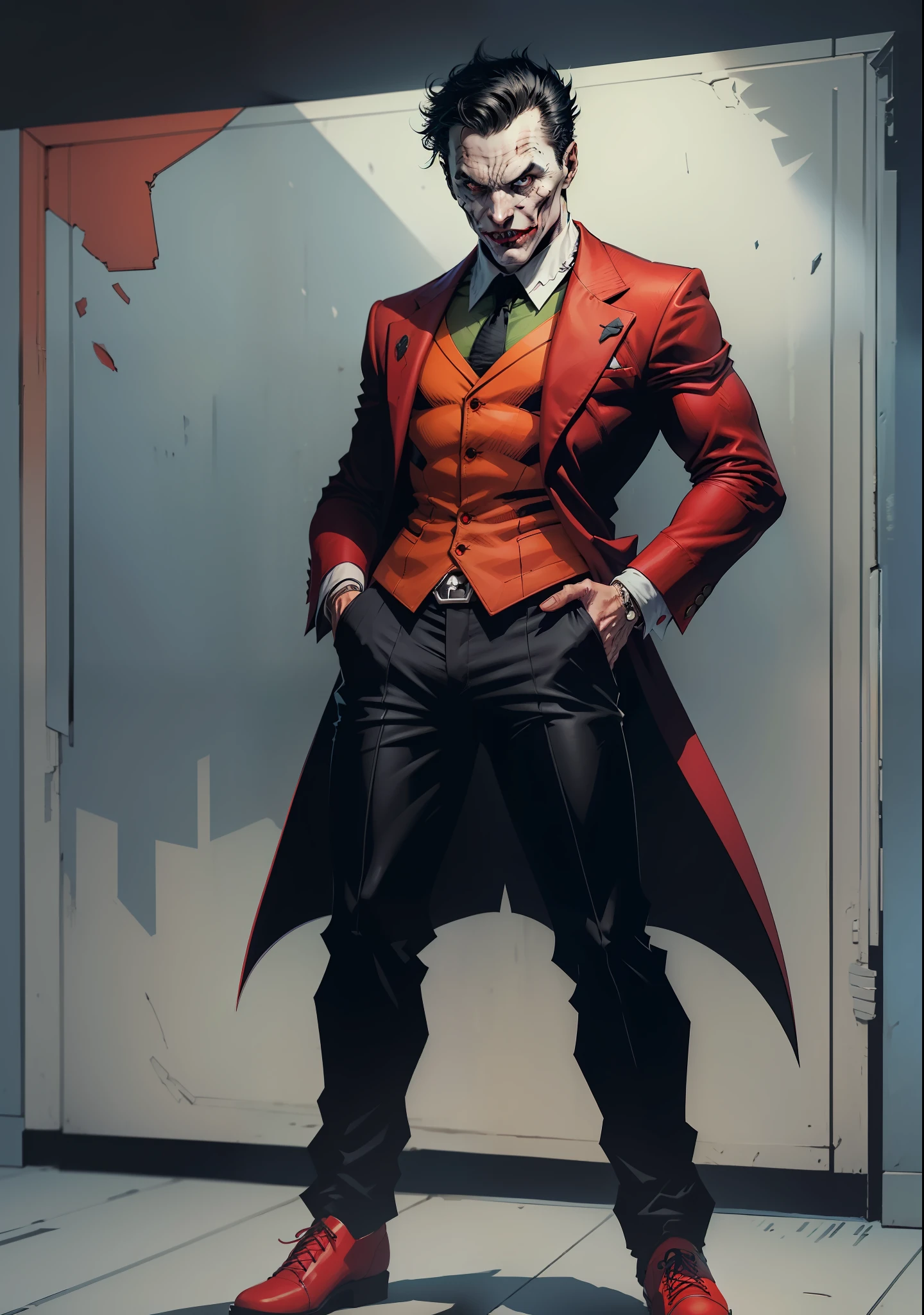 a man, black hair, pale face, red suit, black pants, social shoes, black eyes and pupils, red hat, one side of his mouth is completely torn showing his scary gums, super Villain, inspired by the joker, full body, reference sheet, T pose, white background