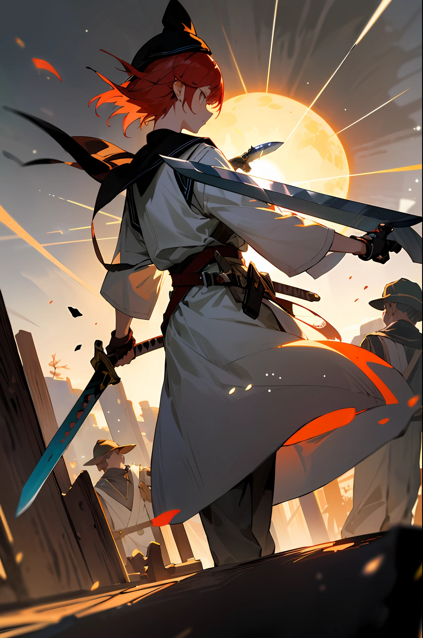 Boy student，redheadwear，Back shadow，Carry a greatsword，with black background，White tunic，setting sun，Giant wood，Brighter，Brilliant starlight