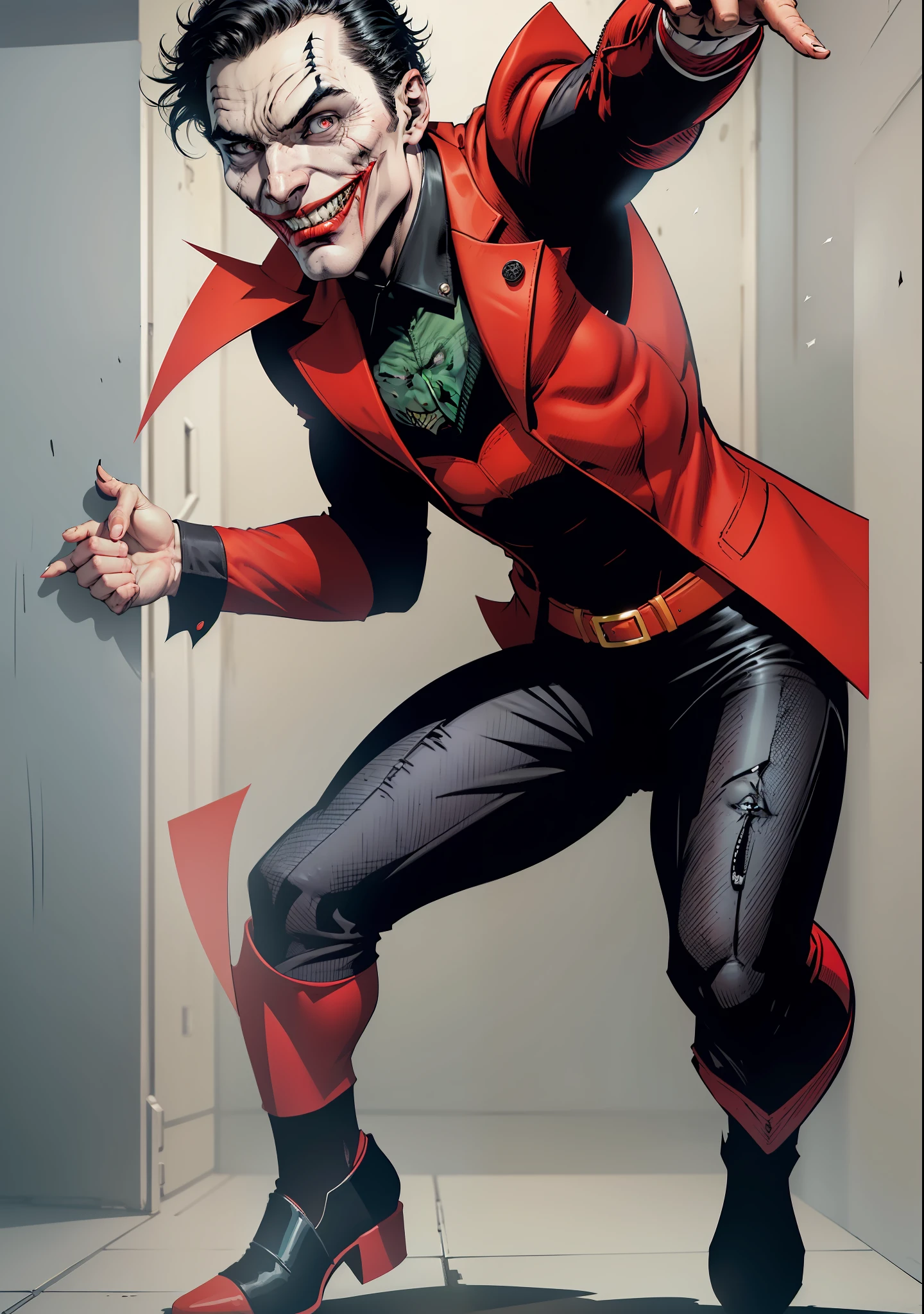 a man, black hair, pale face, red suit, black pants, social shoes, black eyes and pupils, red hat, one side of his mouth is completely torn showing his scary gums, super Villain, inspired by the joker, full body, reference sheet, T pose, white background