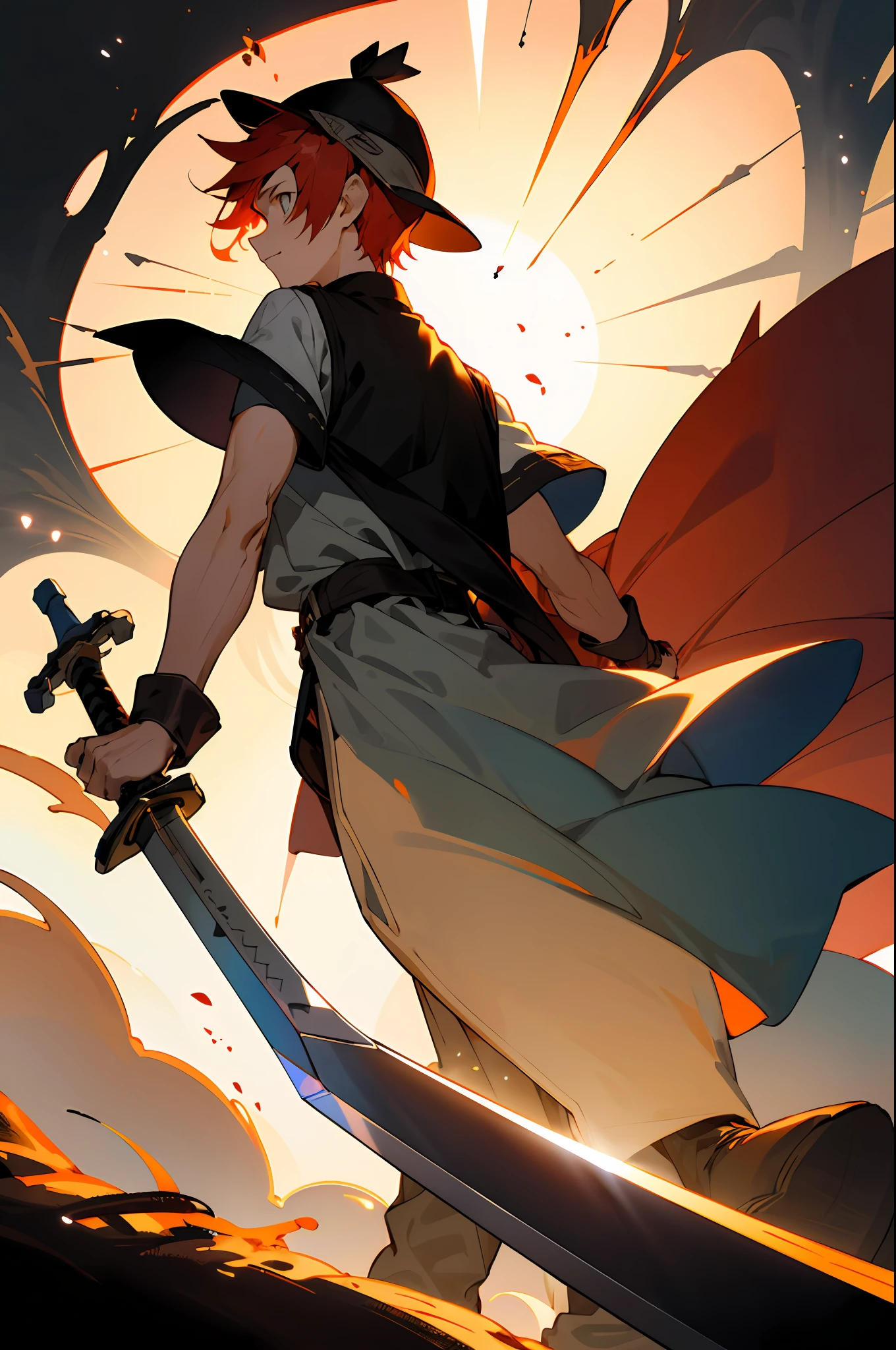 Boy student,redheadwear,Back shadow,Carry a greatsword,with black background,White tunic,setting sun,Giant wood,Brighter,Brilliant starlight