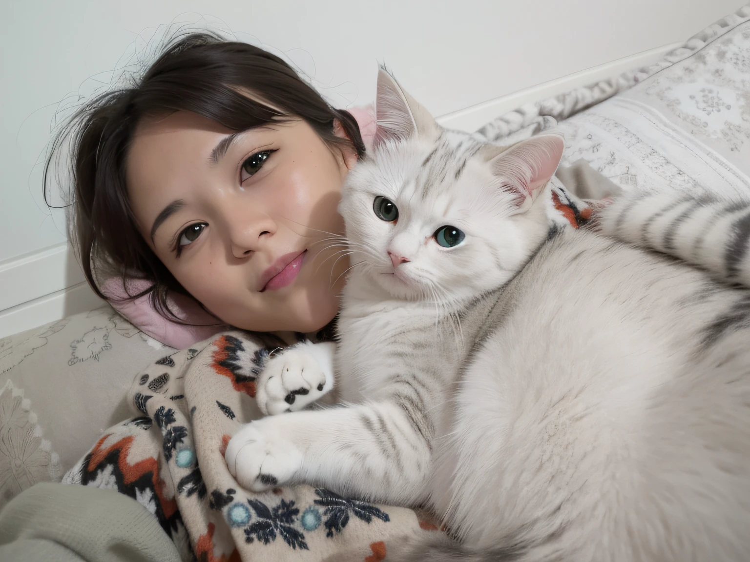 There was a young girl and a cat lying on the bed, big cheeks holding her cat, White ( cat ) Girl, there is a cat next to her, with small cat on lap, she is holding a cat in her arms, very beautiful cute catgirl, beautiful young catgirl, taken with sony alpha 9, White Cat Girl, cat photo, Holding a cat