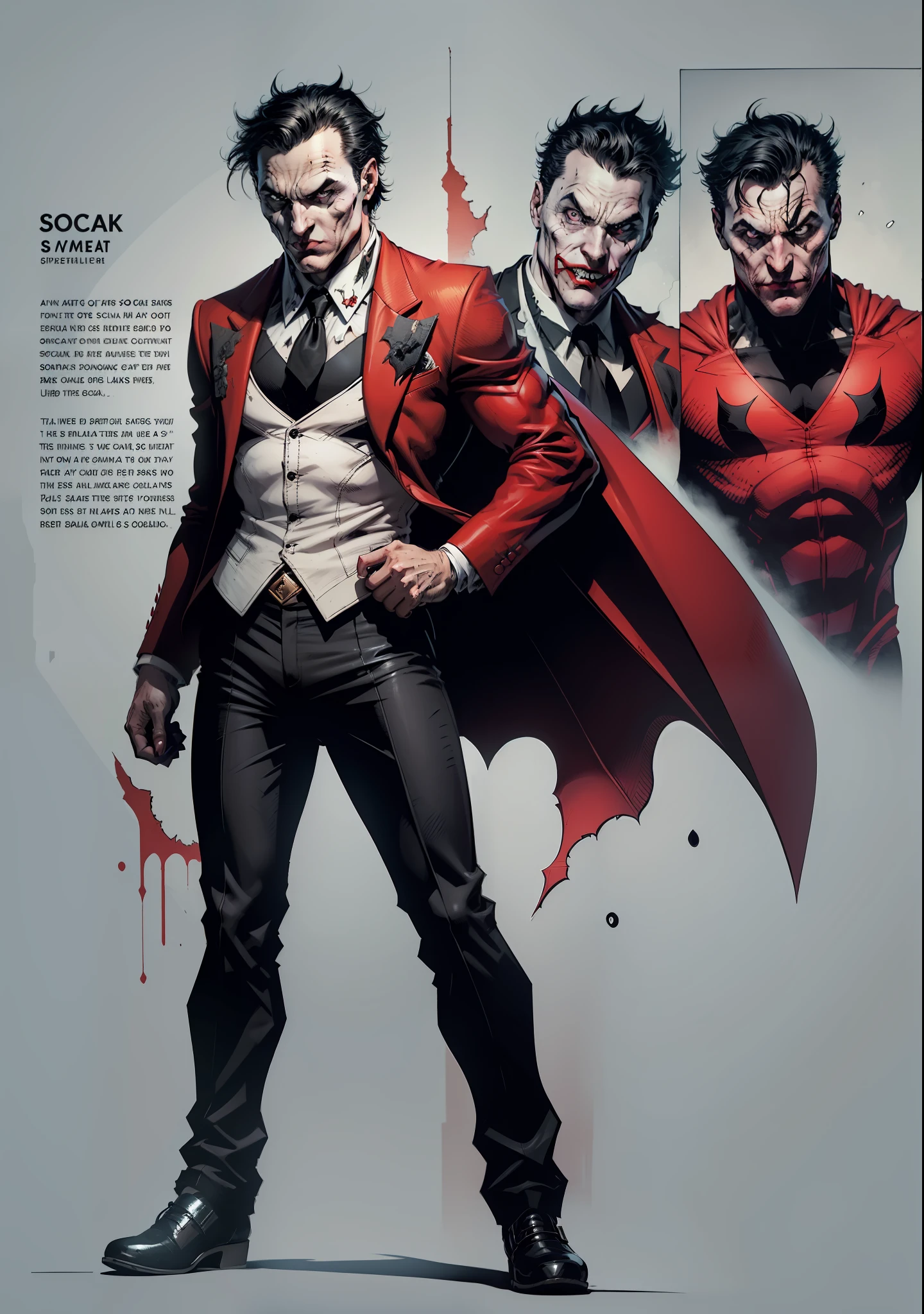 a man, black hair, pale face, red suit, black pants, social shoes, black eyes and pupils, red hat, one side of his mouth is completely torn showing his scary gums, super Villain, inspired by the joker, full body, reference sheet, T pose, white background