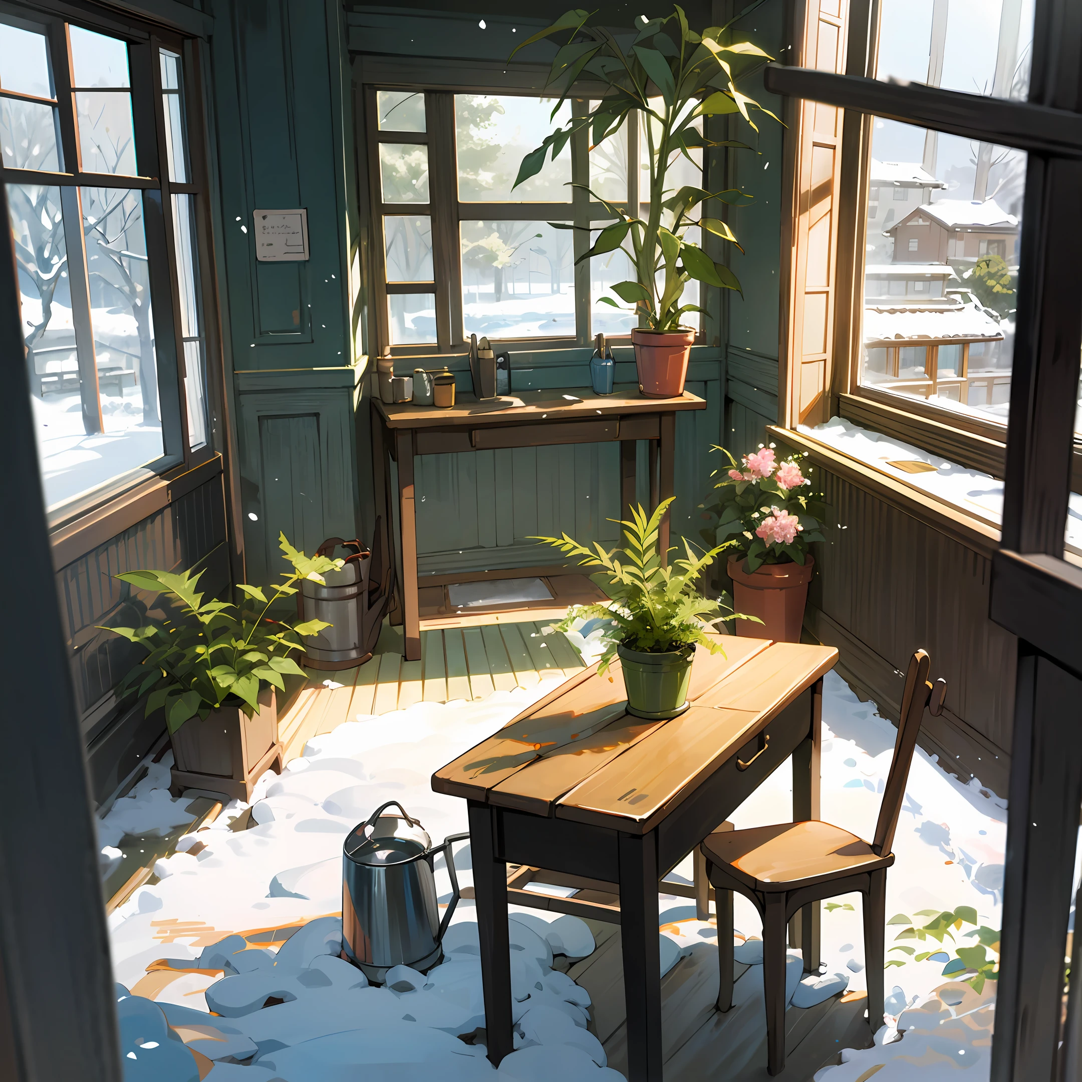 Yukino under the snow, Best quality at best, palmeiras, pyjamas, a chair, flower pots, inside in room, The tree, ivy, Skysky, desks, window, coffeehouse, nerds, a watering can, florals, tchibi,Japanese sense