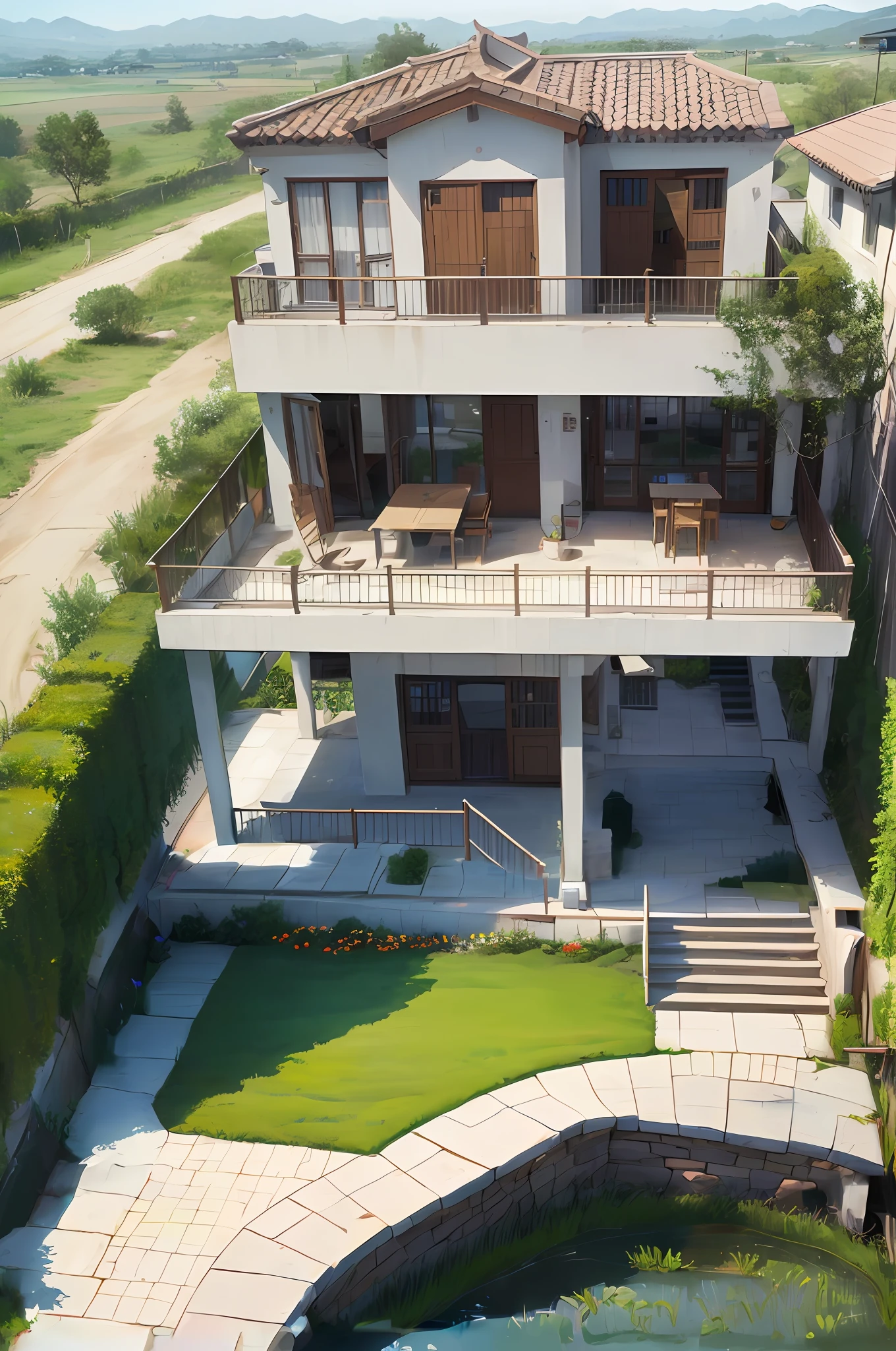 flowerbed，grassy fields，Parking shed，