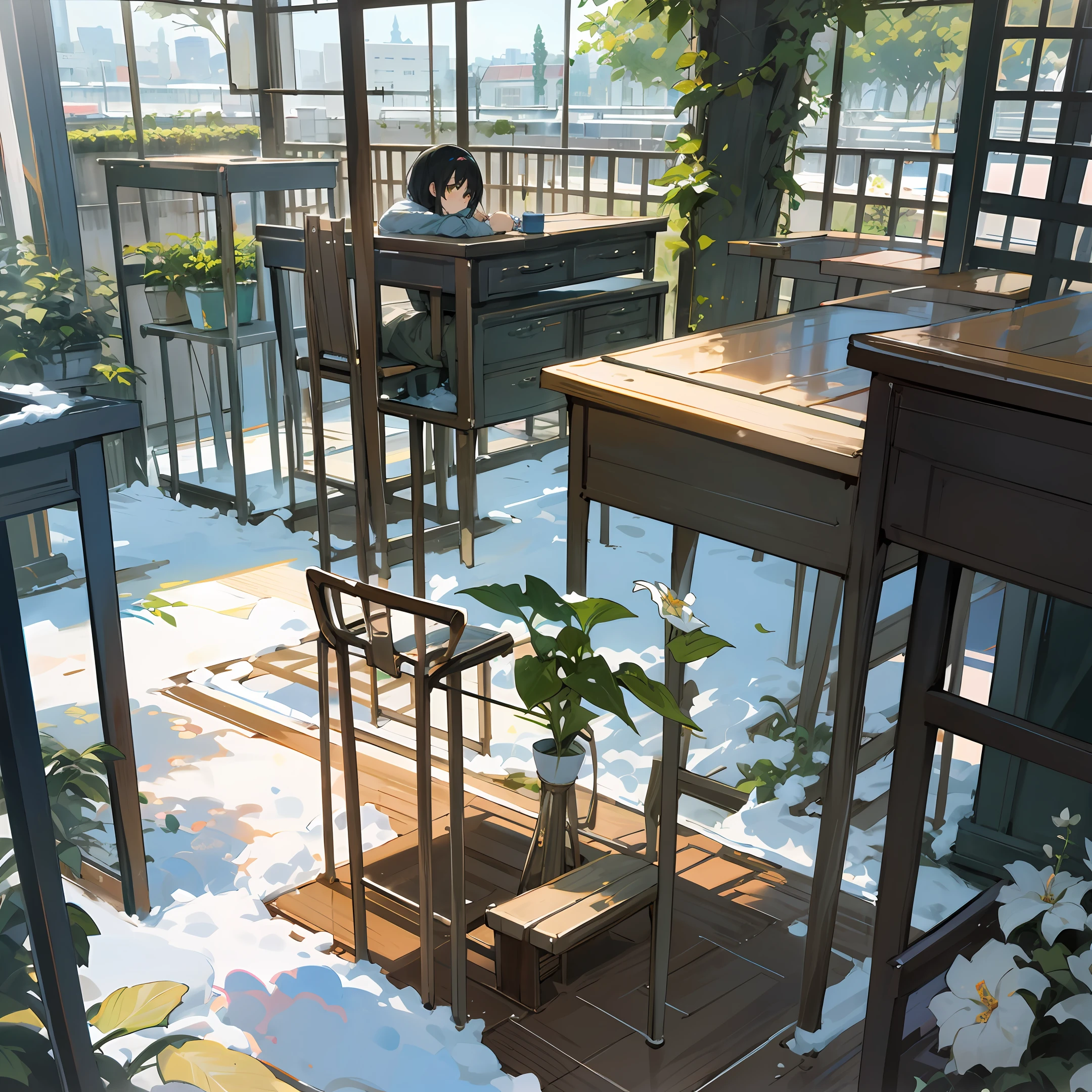 Yukino under the snow, Best quality at best, palmeiras, pyjamas, a chair, flower pots, inside in room, The tree, ivy, Skysky, desks, window, coffeehouse, nerds, a watering can, florals, tchibi,Japanese sense