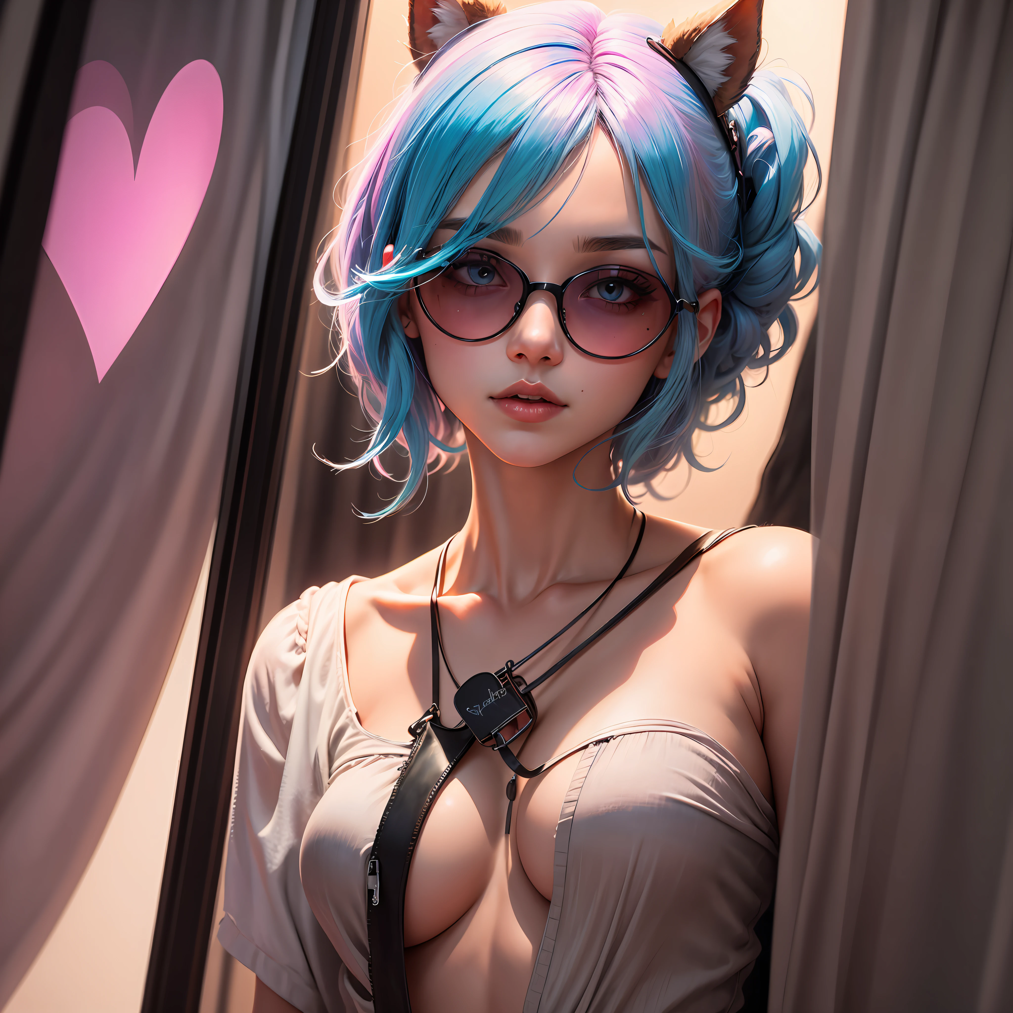 colored inner hair, curtained hair, hair strand, heart ahoge, sunglasses, heart-shaped eyewear, mole under mouth, Surrealism, Contemporary art, 8k, super detail, retina, UHD, anatomically correct, masterpiece, best quality --auto