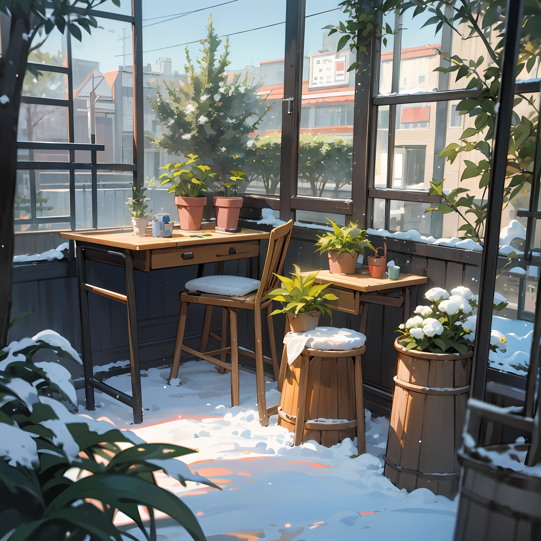 Yukino under the snow， Best quality at best， palmeiras， pyjamas， a chair， flower pots， inside in room， The tree， ivy， Skysky， desks， window， coffeehouse， nerds， a watering can， florals， tchibi，Japanese sense