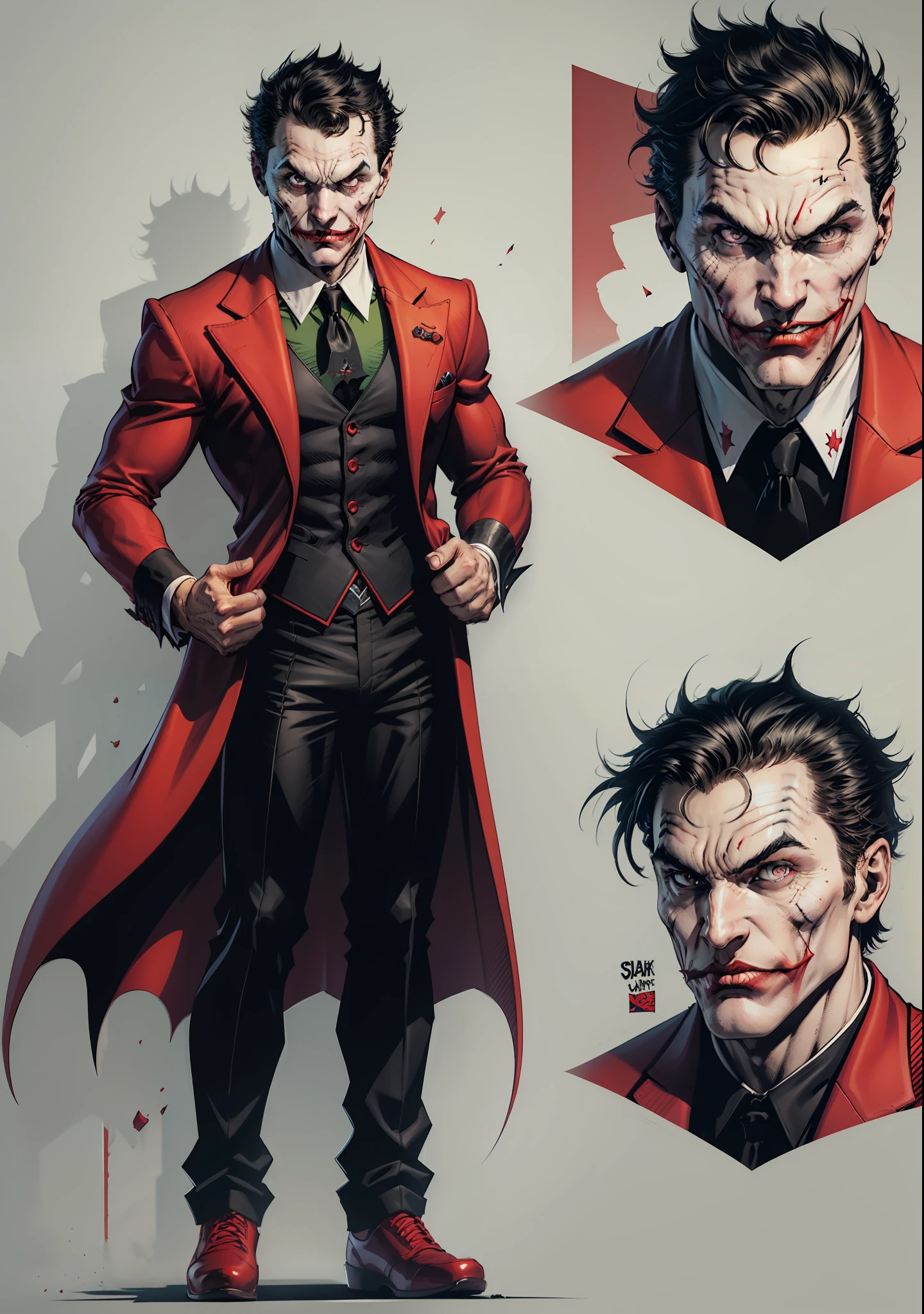 a man, black hair, pale face, red suit, black pants, social shoes, black eyes and pupils, red hat, one side of his mouth is completely torn showing his scary gums, super Villain, inspired by the joker, full body, reference sheet, T pose, white background