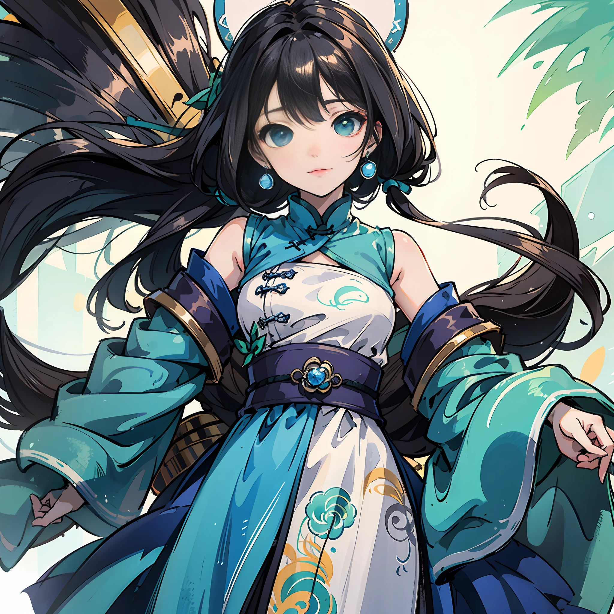 Blue bandeau dress，Luo Tianyi，greyt hair，Green eyes， --auto
