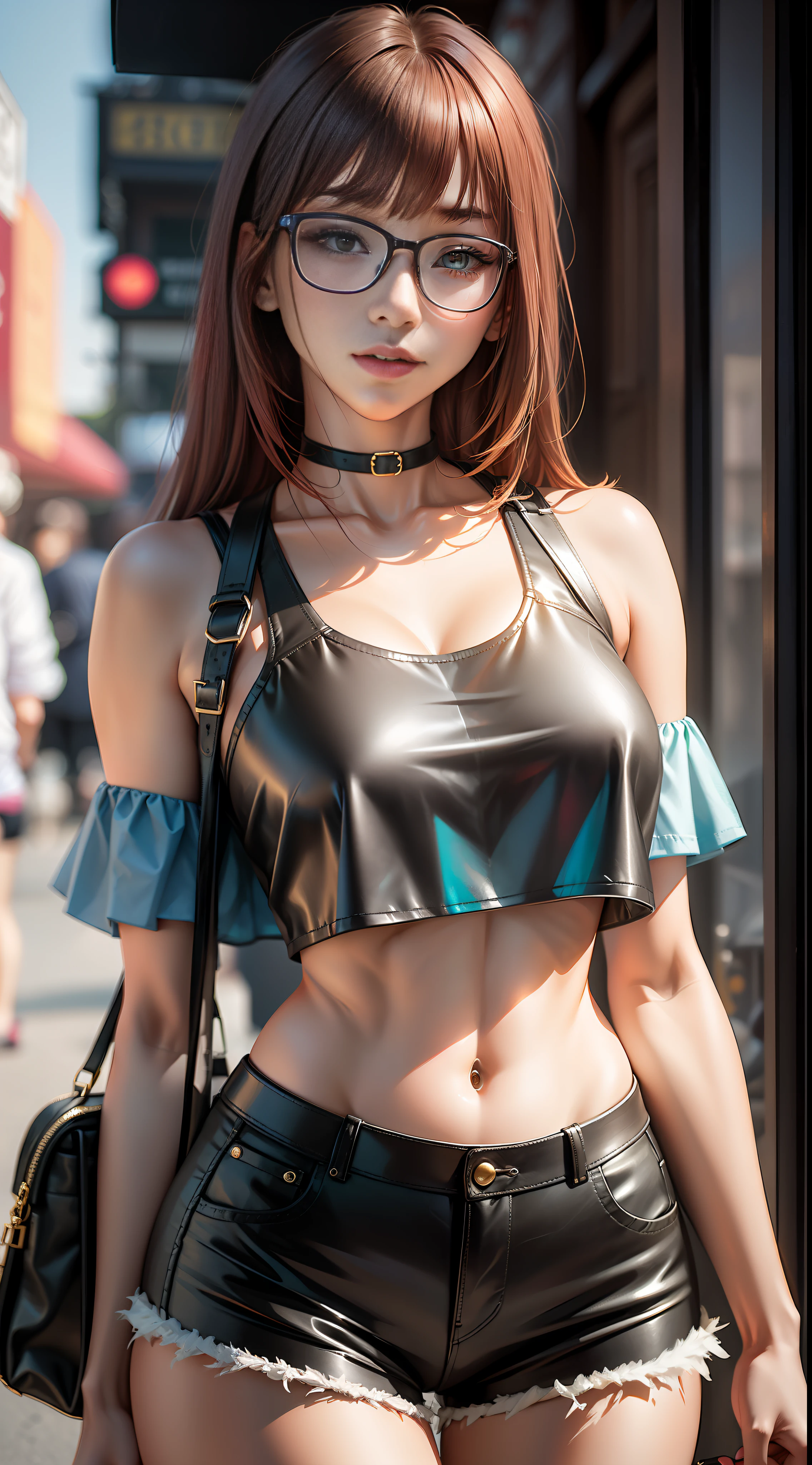 teens girl,Golden ratio figure,Chinese face,Bangs hairstyle,Wear blue-framed glasses,Crop tops,Leather shorts,purse her lips slightly,Royal Sister,photorealestic,The background is in school