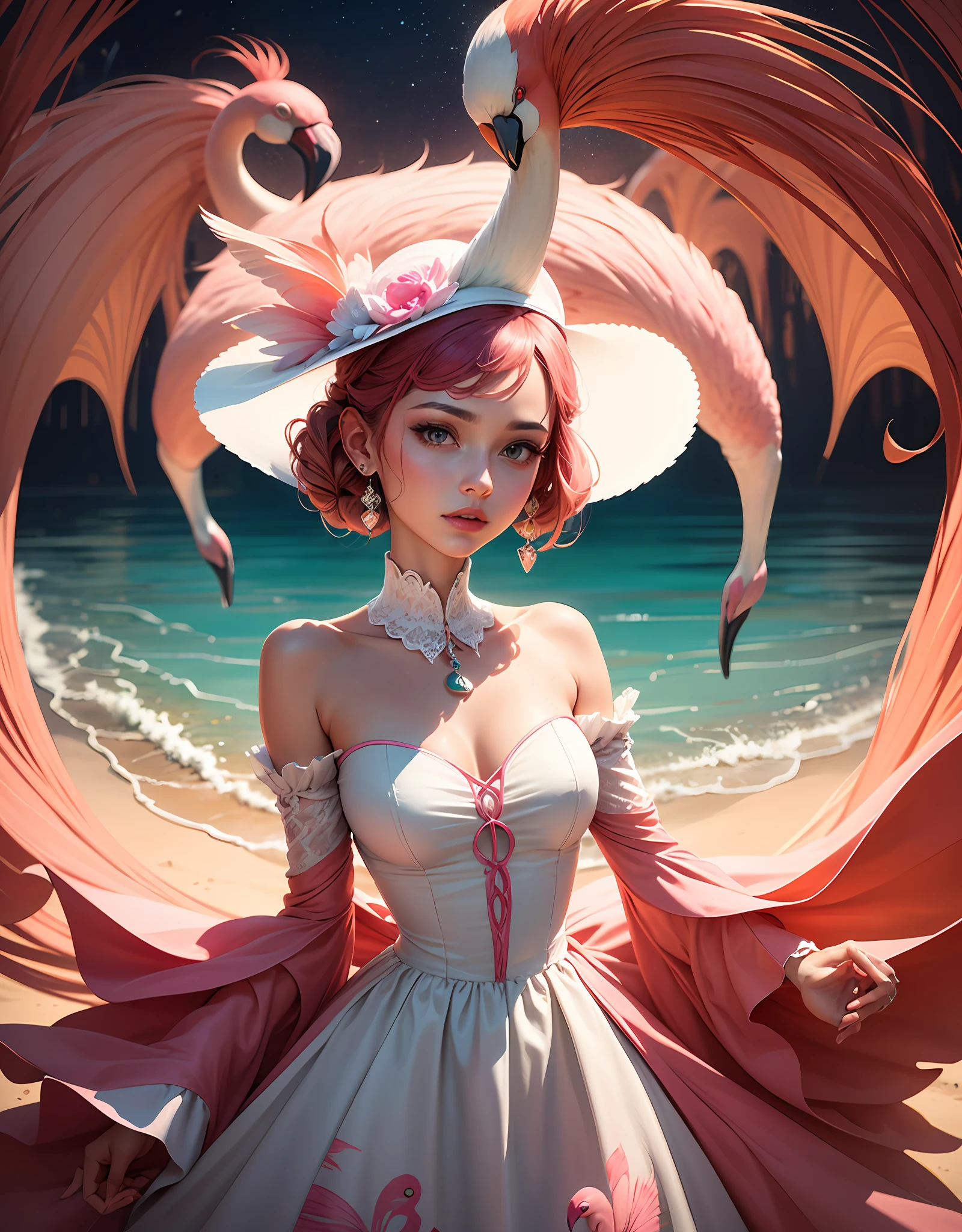 Content: A stylized artwork depicting a woman adorned in a dress that mirrors the vibrant colors of a flamingo
Medium: Digital illustration or mixed media artwork that brings out the vivid hues of both the woman's dress and the flamingo
Style: Artistic and imaginative, blending elements of fashion and nature-inspired aesthetics
Lighting: Ethereal and atmospheric lighting that adds a dreamlike quality to the artwork
Composition: The artwork portrays the woman wearing a dress with hues reminiscent of the flamingo's vibrant colors. The stylized dress design may incorporate patterns or elements that reflect the grace and elegance of the flamingo. The woman's expression exudes confidence and grace, mirroring the beauty of the natural world around her. The composition is carefully crafted to emphasize the visual connection between the woman and the flamingo, creating a whimsical and enchanting scene. This stylized artwork celebrates the harmony between fashion and nature, inviting viewers to immerse themselves in a world where beauty and elegance converge.