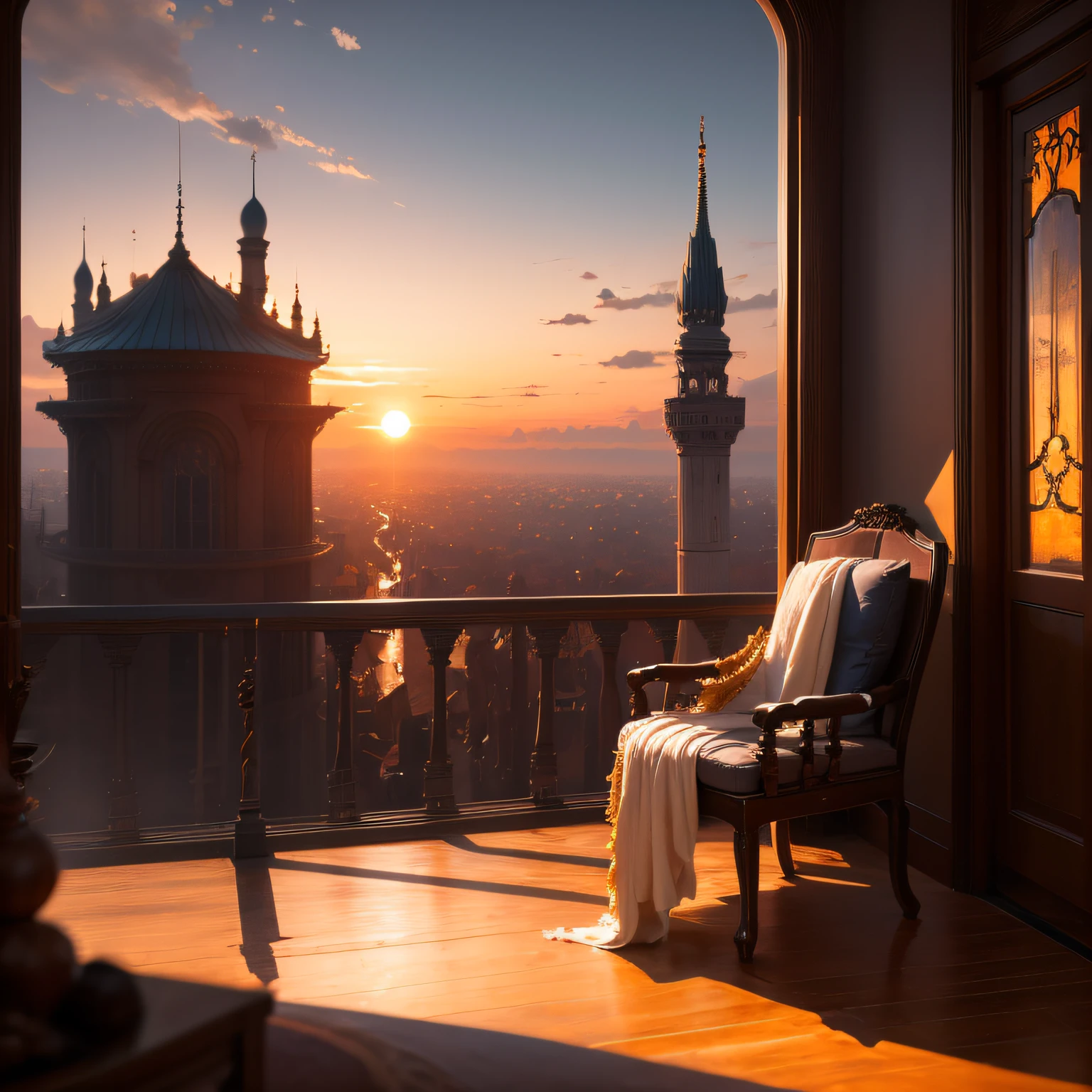 Little Prince Wind，Fairy tale style，A small chair，The details come to life，The setting sun dyed the clouds of fire，Colorful on the planet。 --auto