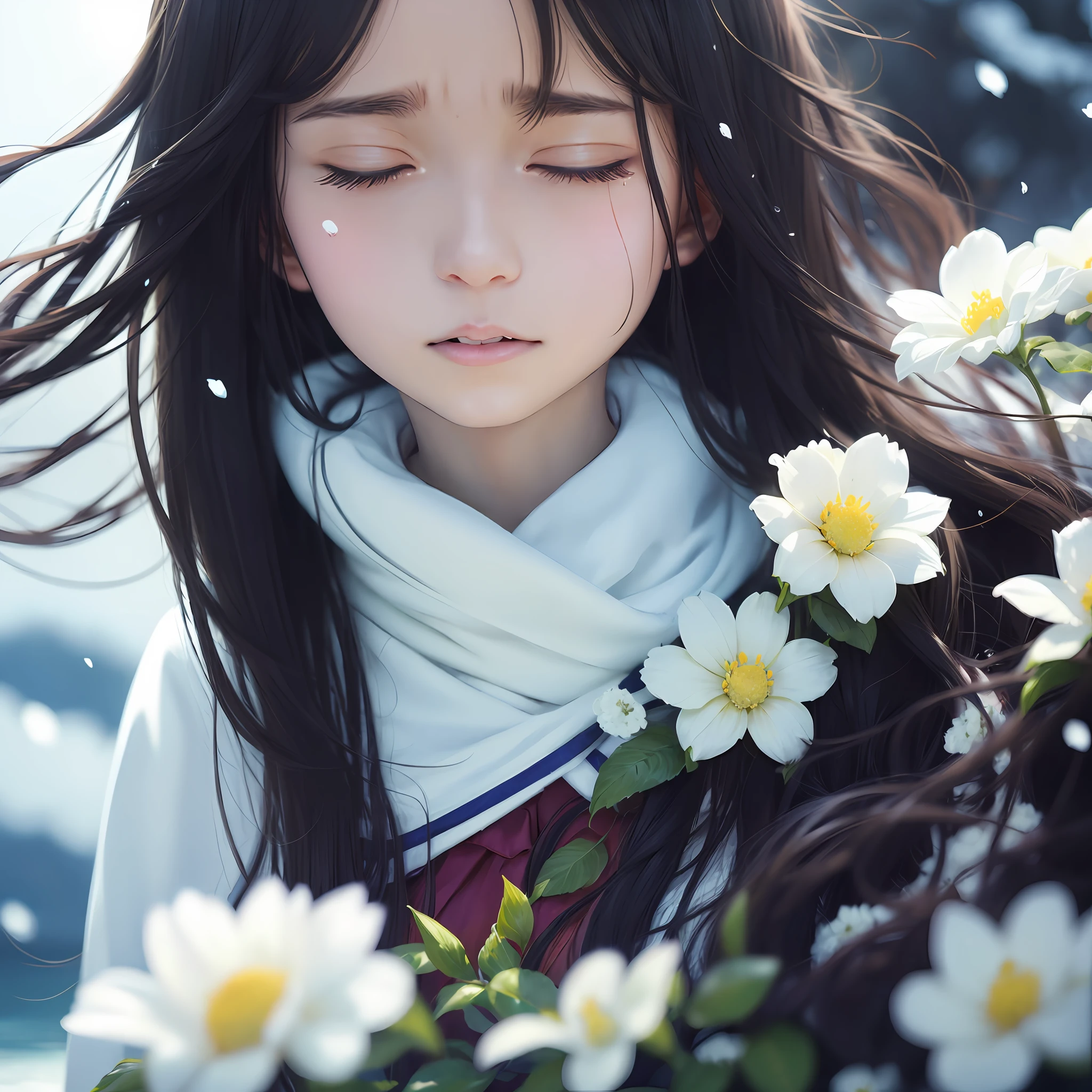 black hair, long hair, forehead mark, closed eyes, tears, Sea of white flowers, Snowy days, anime, high detail, super detail, 16k, best quality, best quality, best quality, high details --auto