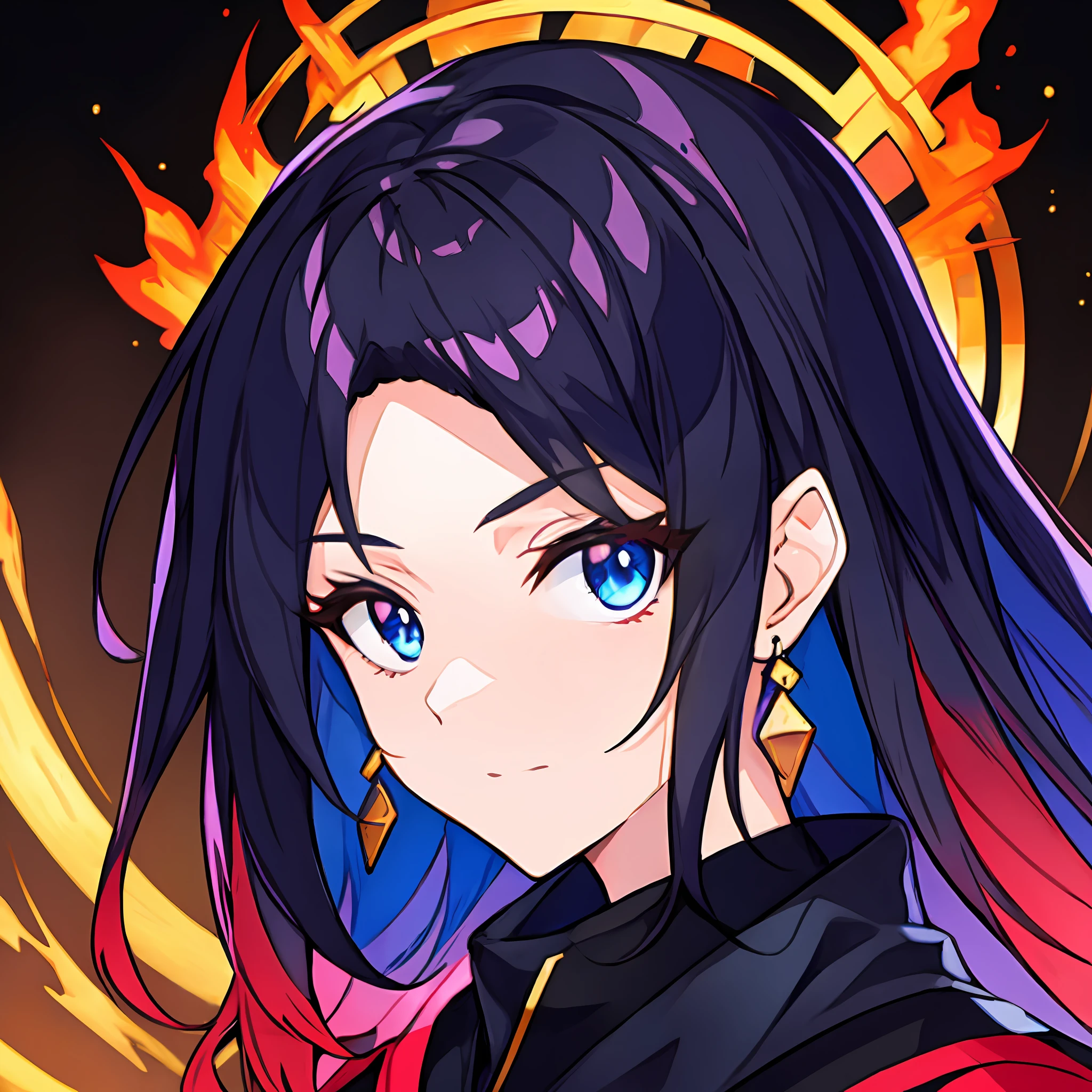 Anime girl with long hair blue eyes in front of the ring of fire, Portrait Chevaliers du Zodiaque Fille, demon slayer artstyle, black-haired mage, anime moe art style, demon slayer rui fanart, Anime style portrait, Avatar image, ig studios anime style, Anime art style, arcane art style, style of anime4 K, Epic anime style, epic mage girl character