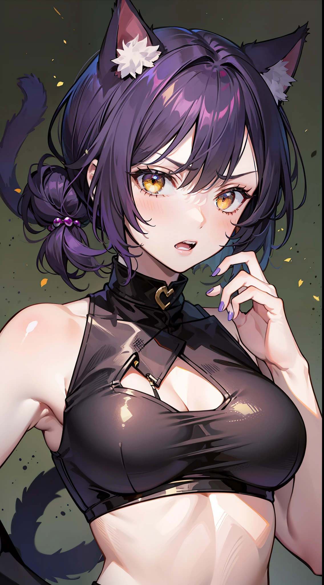 Adult woman, dark purple hair, low ponytail, golden eyes, cat ears, Killer form, Sleeveless, anger, Masterpiece, hiquality