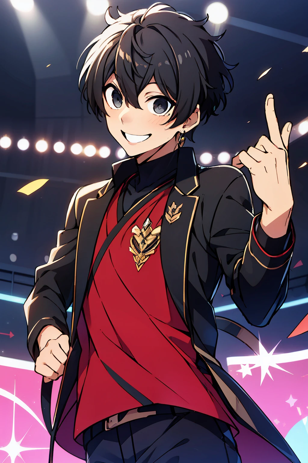 (high-quality, breathtaking),(expressive eyes, perfect face), 1boy, male, solo, short, young boy, black hair, black eyes, smile, black idol outfit, on stage