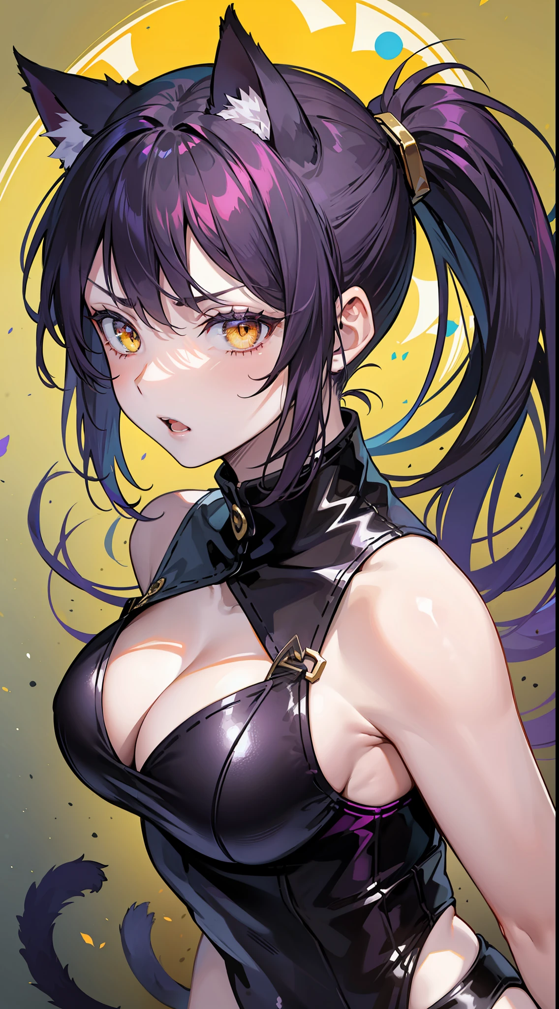 Adult woman, dark purple hair, low ponytail, golden eyes, cat ears, Killer form, Sleeveless, anger, Masterpiece, hiquality