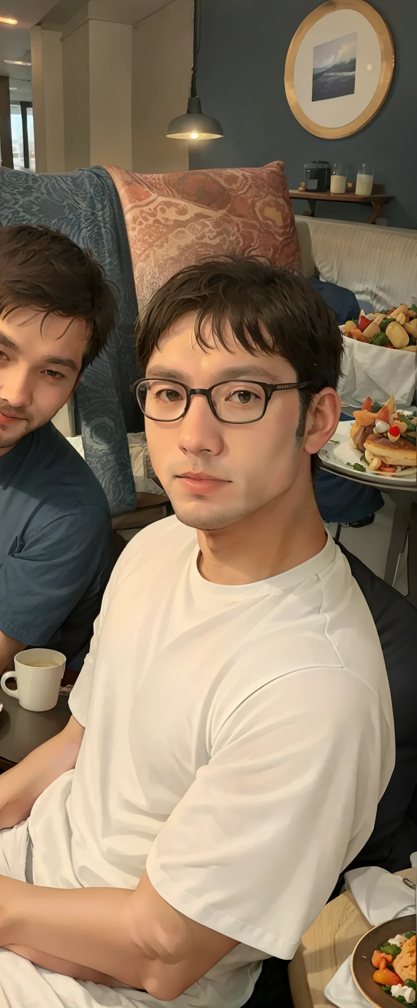 Excellent,There were two men sitting at a table,Carrying a plate of food,