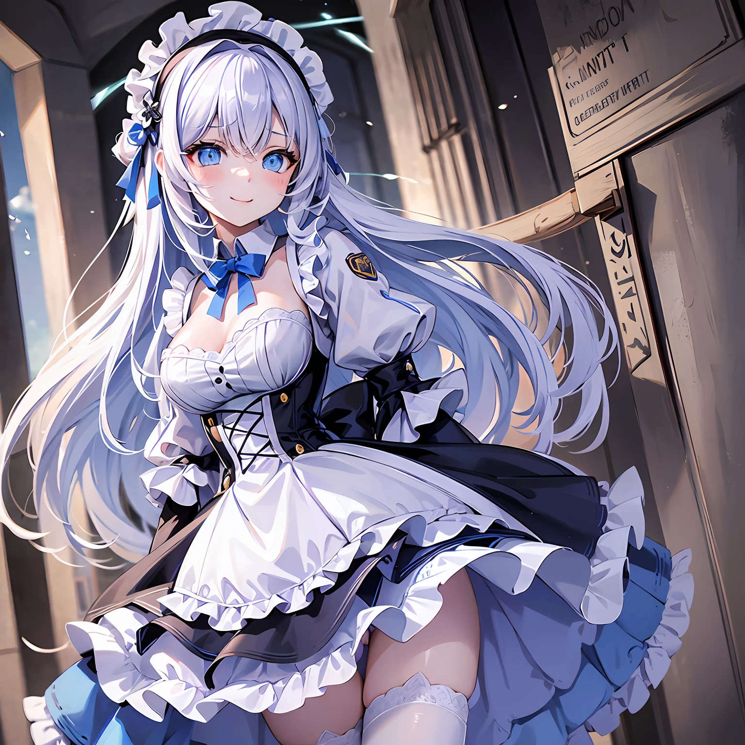 style of anime， girl，white color hair，White eyebrows，Dark blue eyes，Dressed in a white dress --auto