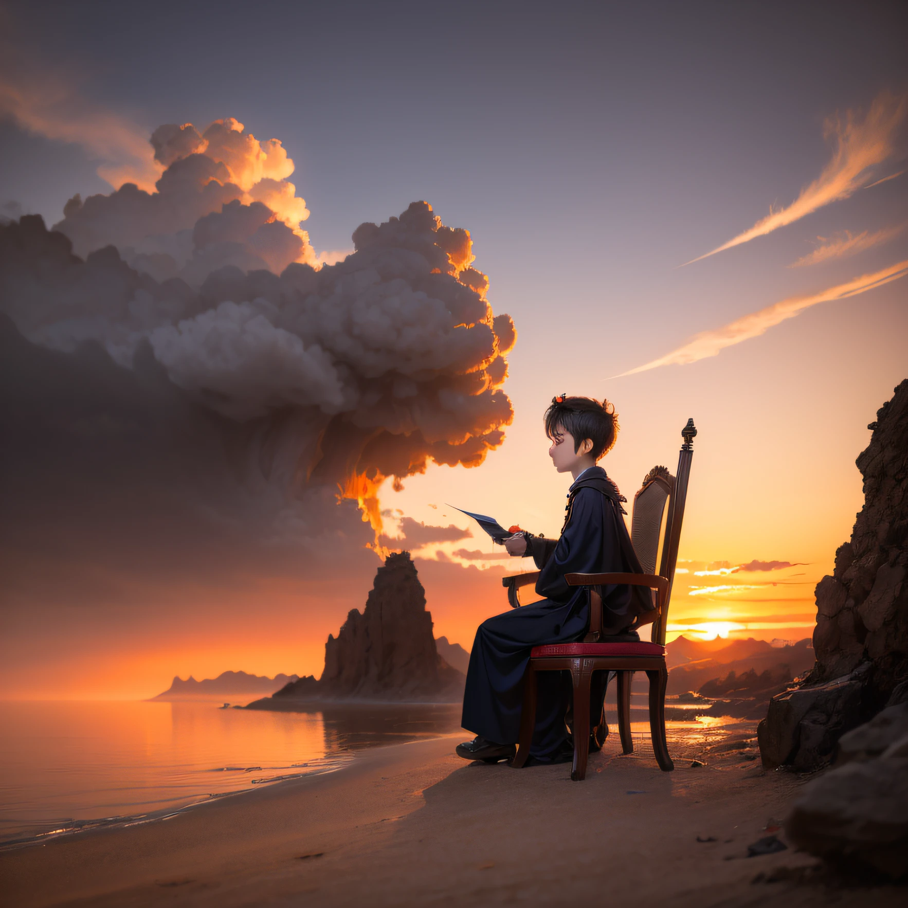 Little Prince Wind,Fairy tale style,A small chair,The details come to life,The setting sun dyed the clouds of fire,Colorful on the planet。 --auto