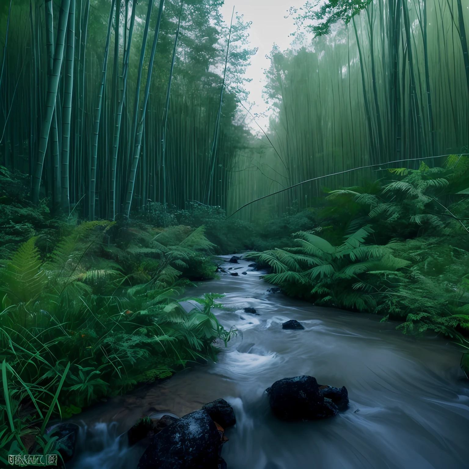 Landscape of streams flowing through lush forests, tree trunks，at a forest, fern, Japanese ferns, the woods，Green trees， Hazy Japanese woods, tree trunks，Woods in the background,  fern，Green woods，Take a walk in the woods,  in a serene landscape --auto