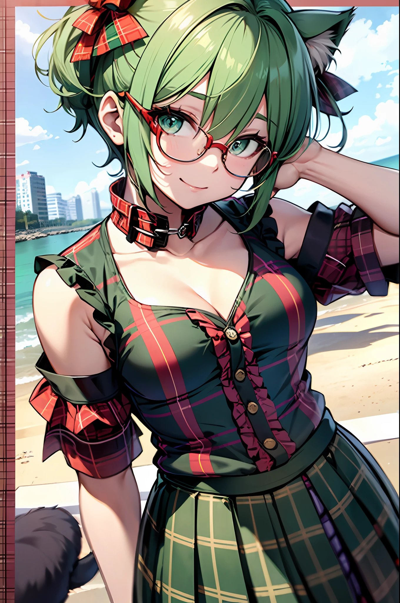 (Masterpiece), A girl, smiles, not large tasty, Small breasts, collarbone, 
Fashionable Rush Guard, separate swimsuit(tops red Tartan Plaid with Multi strapped ruffles, bottoms green tartan plaid high-waisted skirt:1.4), loli, cat ear, Pale green hair, Short hair that sticks out the forehead, Hairstyle that reveals the forehead, closeup forehead, Small pigtails, beach house, circle-glasses,