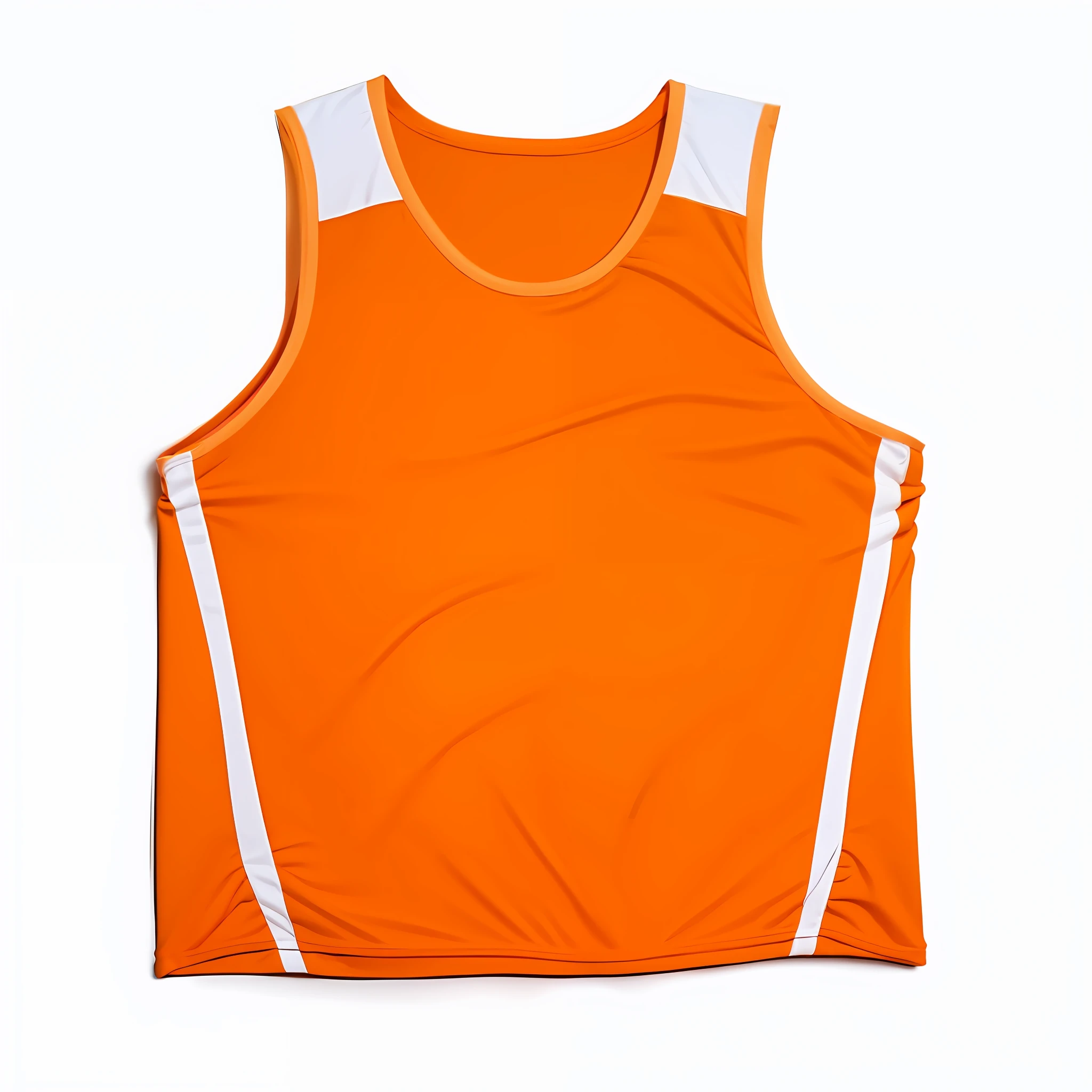 um close up de uma regata laranja e branca com uma faixa branca, laranja, roupas esportivas, vestindo camisa de basquete, camiseta do tanque, roupas esportivas, laranja cinza branco, wearing a volleyball jersey, orange safety vest, laranja neon, Tampo do tanque, camiseta esportiva, Technical vest, acabamento fosco, muito premiado - vencedor, laranja e branco, tops sem mangas