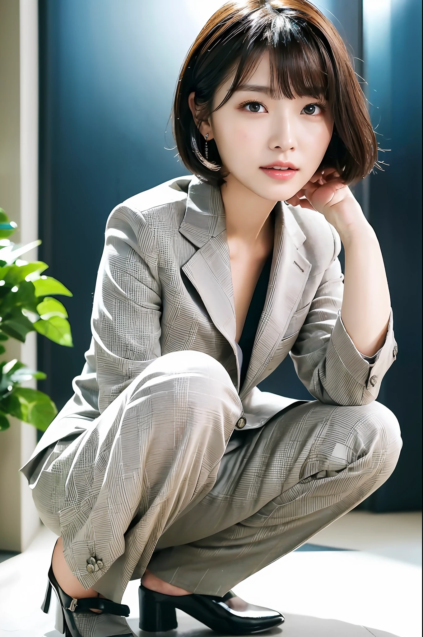 japanese beautiful woman,Ultra detailed skin,Ultra-fine,toView,Brown-eyed,drooing eyes,high detailing,(short-haired with bangs:1.2),(Photorealsitic:1.4),(Top image quality:2.0),(超A high resolution:1.0), (​masterpiece:1.5),(pureerosface:1.5),big eye,Dynamic lighting,Bright pink and sparkling lipstick,Beautiful skin that shines white,Business suits,Slack Pants,20yr old,Squatting,sexypose,Beautiful body lines,
