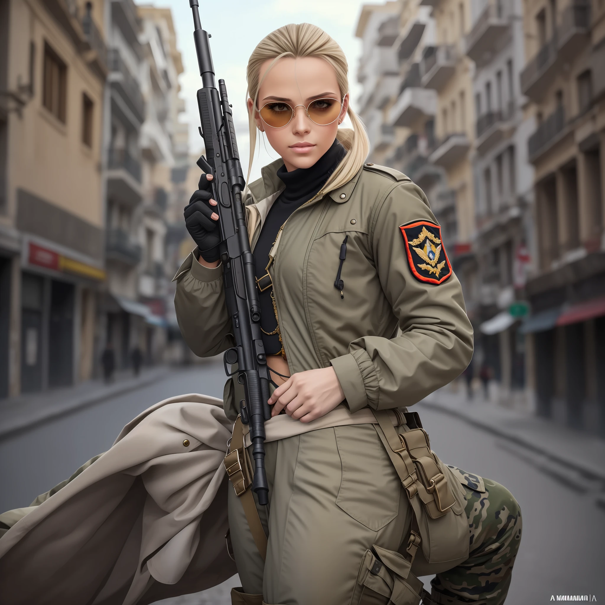 Cammy branco (rabo de cavalo loiro cinza, sardas, pale skinned, olhos cinzas,delicate and soft lips), Aviator glasses with transparent yellow lenses, jaqueta de couro branca com detalhes pretos e vermelhos, regata branca amarrada, military office pants, coturno militar, aponta rifle para o observador, dedo no gatilho, sniper position,ao fundo guerra urbana na cidade de Moscou, extremamente realista
