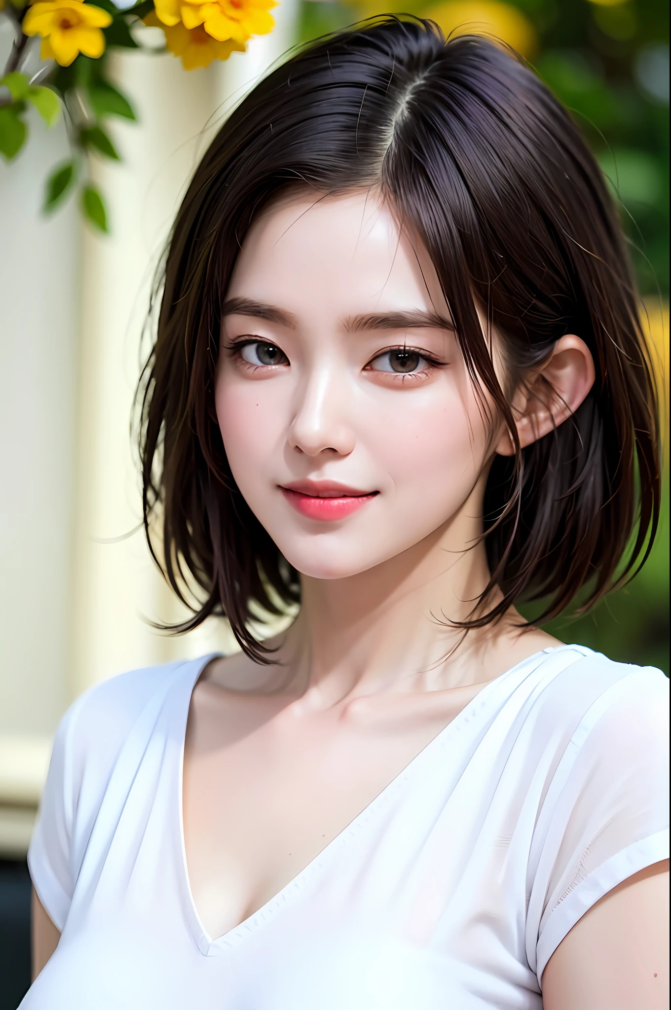 Very detailed eyes,very vey very detailed face,Best quality at best,masterpiece,The is very detailed,ultra - detailed,(realisticlying,photographrealistic:1.3),ssmile,(facing the front there),looking at viewert,white shirt,Sunnyday,exteriors,1girl upper body,short detailed hair,Fluffy hair,By bangs